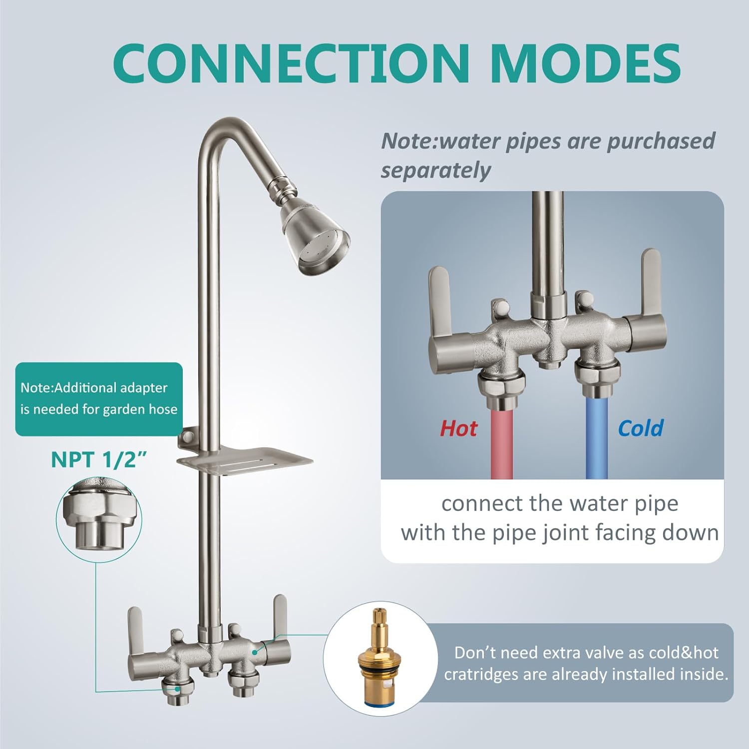 Aolemi Outdoor Shower Fixtures,Outdoor Shower Kit Faucet System 3 Inch Center with Showerhead 2 Handle Exposed Shower with Brass Mix Valve Pipe Downward with Soap Dish Brushed Nickel