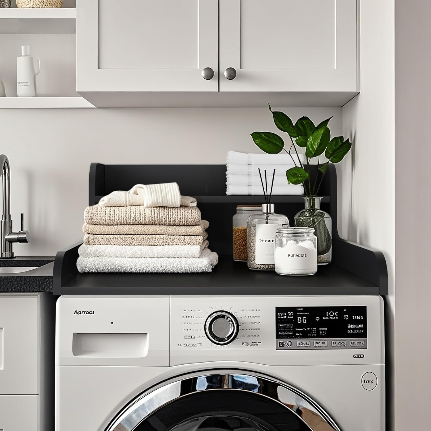 Kaboon Washer Dryer Countertop 2 Tier 28 inches Wide, Laundry Shelf Topper with Edge, 28" W x 28" D x 12" H Laundry Space Organizer, Black