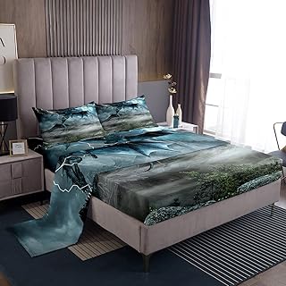 Manfei Dragon Sheet Set Twin Size 3D Animal Theme Bed Sheet Set 3pcs with Deep Pocket Fitted Sheet + Flat Sheet + 1 Pillowcase White Lightning Print Bedding Set for Kids Boys Teens Room Decor