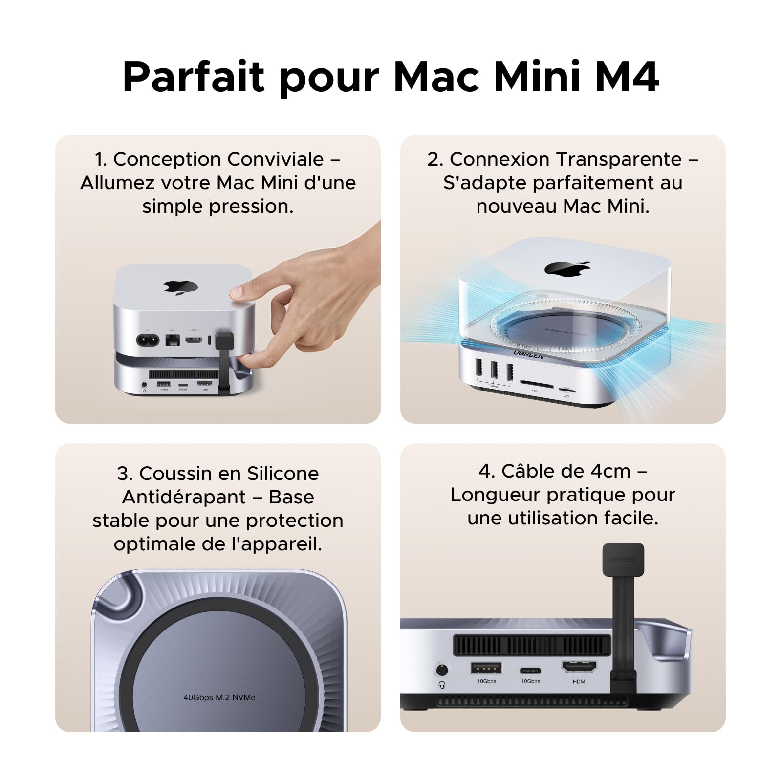 UGREEN USB4.0 40Gbps Docking Station et Support pour Mac Mini M4 et M4 Pro | 10 Ports, avec Boîtier M.2 NVME SSD, HDMI 8K 30Hz Max, 5 USB 3.2 4A1C 10Gbps, Lecteur de Carte SD TF 4.0, 3.5mm Audio