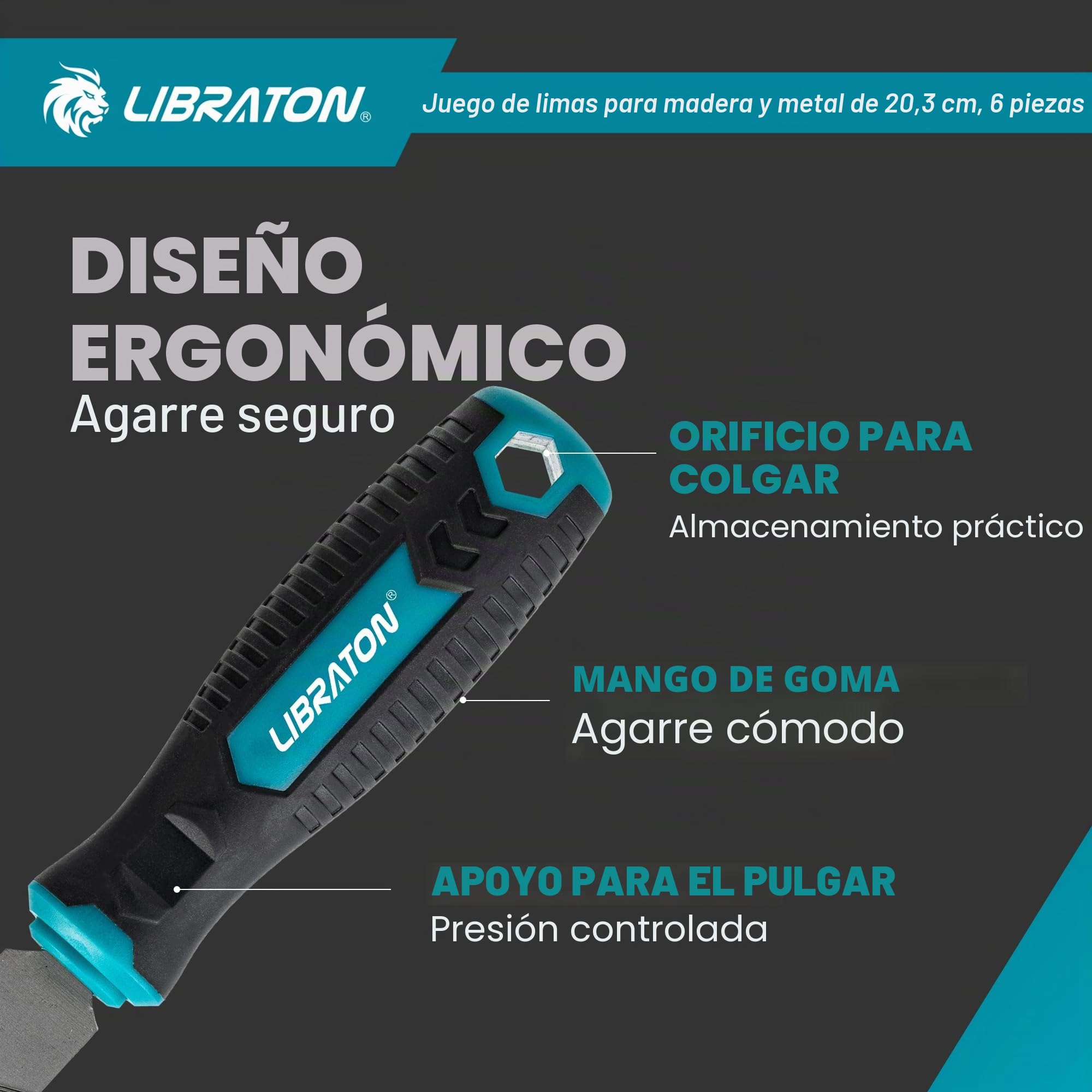 Libraton Limas de Metal, Limas para Metal de 6 Piezas, Limas de Acero con Alto Contenido de Carbono, Lima Metálica con Mango de Goma, Juego de Limas de 8 Pulgadas Incl 1 Escofina para Madera
