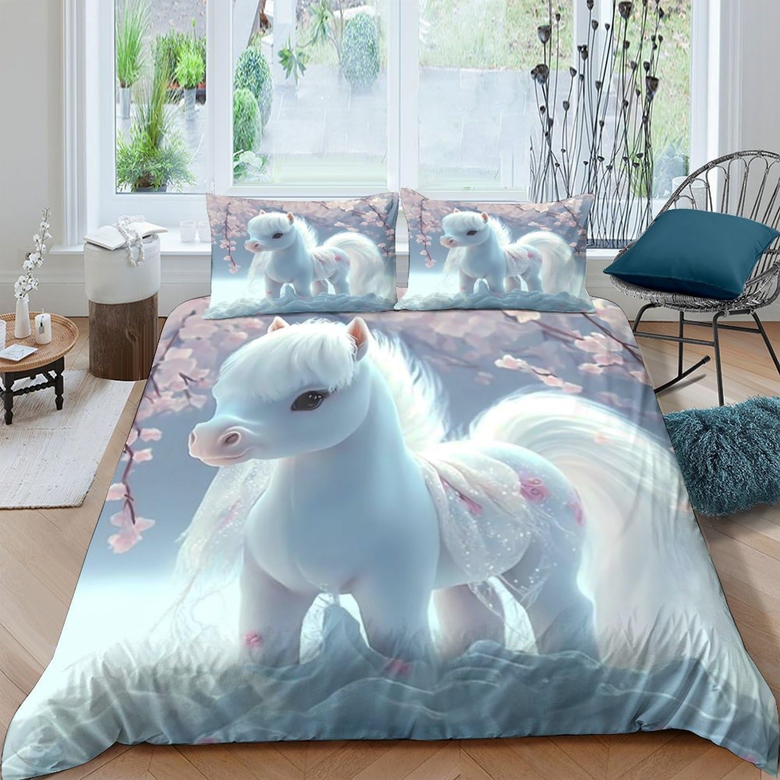 Ctjqhvkz Style-4 3D Printed White Pony Fantasy Fitted Sheet Microfiber Soft Breathable Pastel Meadow Bed Cover For Bedroom Guest Room Decor Single（135X200cm）