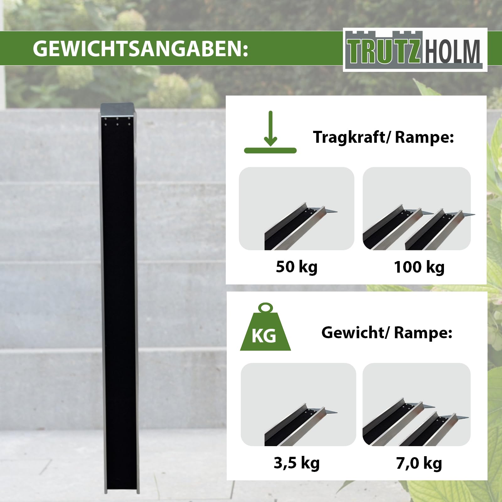 TRUTZHOLM 1x Auffahrschiene Aluminium Gesamtlänge 183 cm Tragkraft 50 kg Anti-Rutsch Beschichtung Auffahrrampe starr für E-Bike kleine Mofas Fahrrad Verladerampe Faharradrampe E-Bikerampe leicht