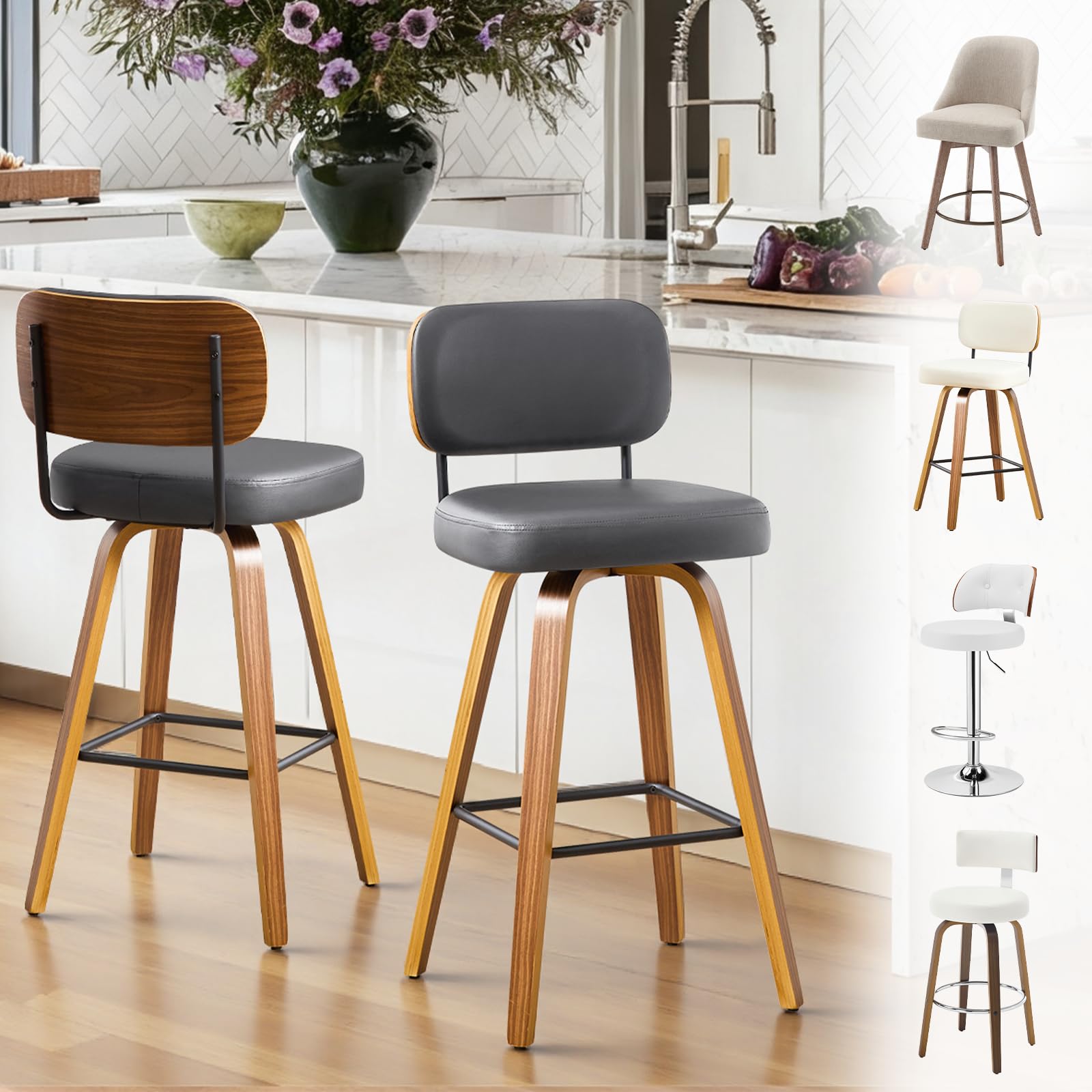 Bekrvio Swivel Bar Stool Set of 2, 65CM Upholstered Faux Leather Barstools with Back and Bent Wood Legs, Mid Century Modern Bar Chair Island Stool for Kitchen Counter, Grey