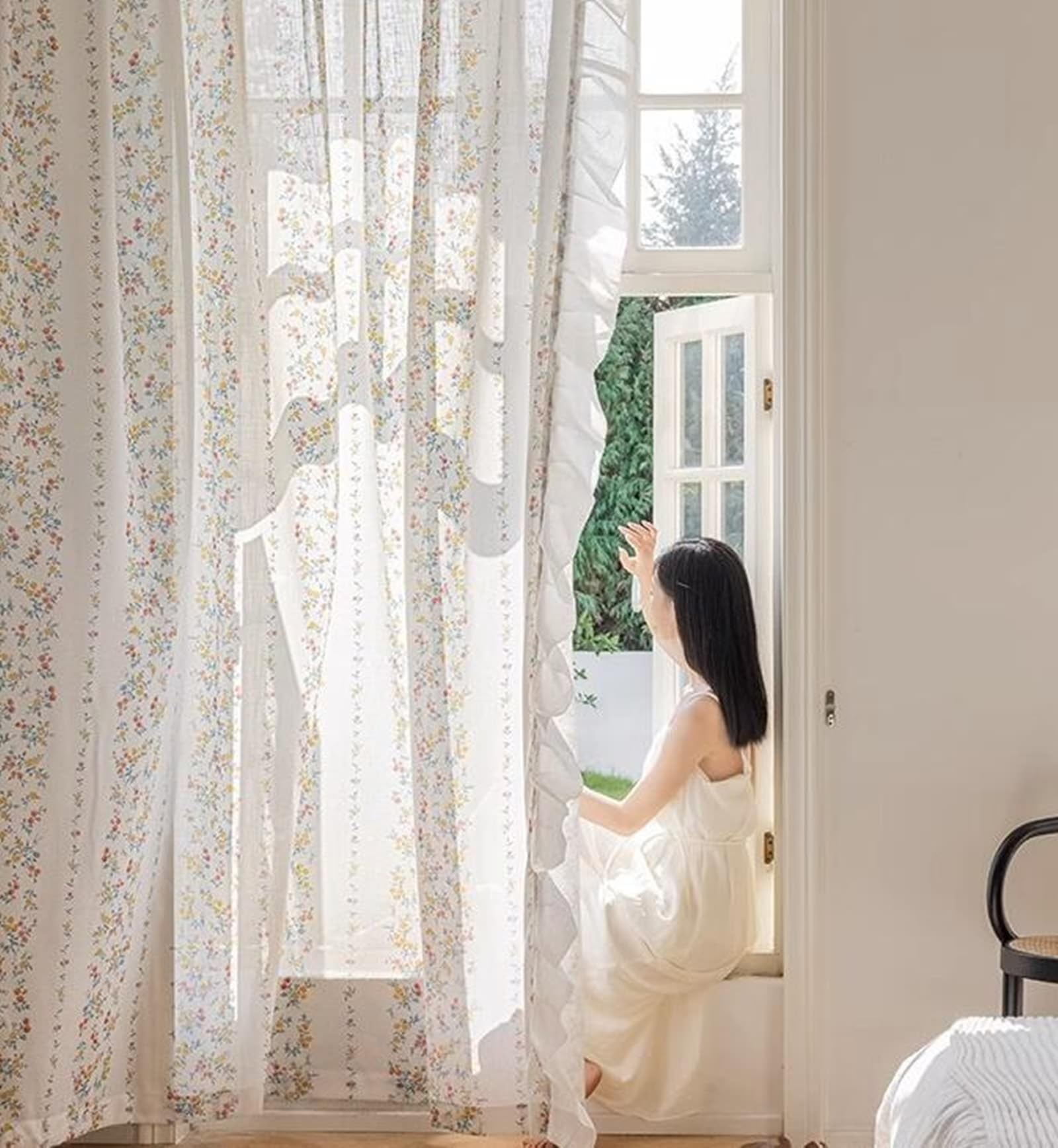 Epinki Voilage Chambre Fleur Imprimé avec Volants Coloré en Polyester 107 x 147 cm Lot de 2 Rideaux Salon à Oeillets