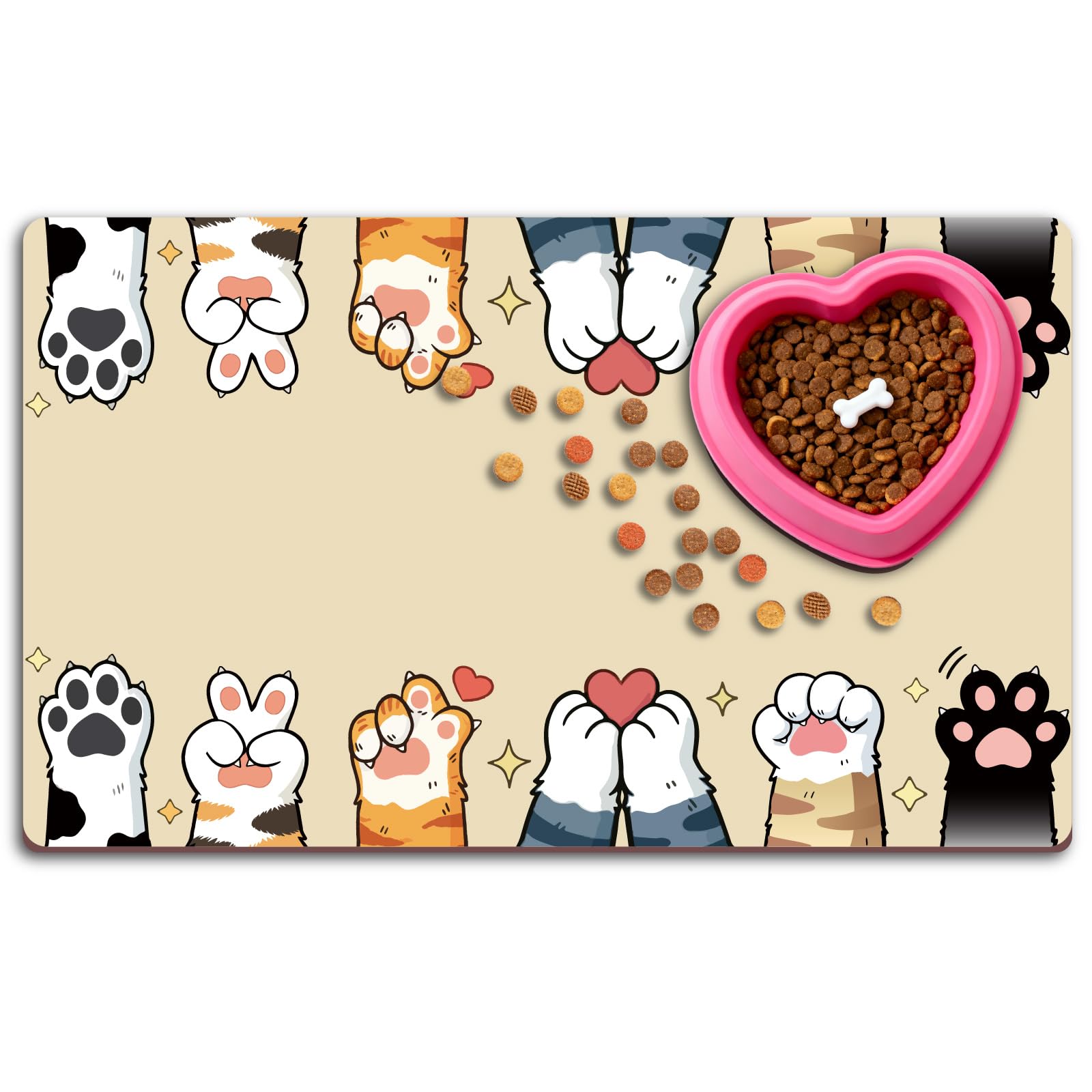 PRESSINART Cute Cat Food Mat 20 x 12 Inch Non Slip Design, Cat Feeding Mat Paw Print Absorbent Quick Dry Washable Rectangle Fedding Bowl Placemat Rug Protect Floors for Dogs Pets Water Area Home Use