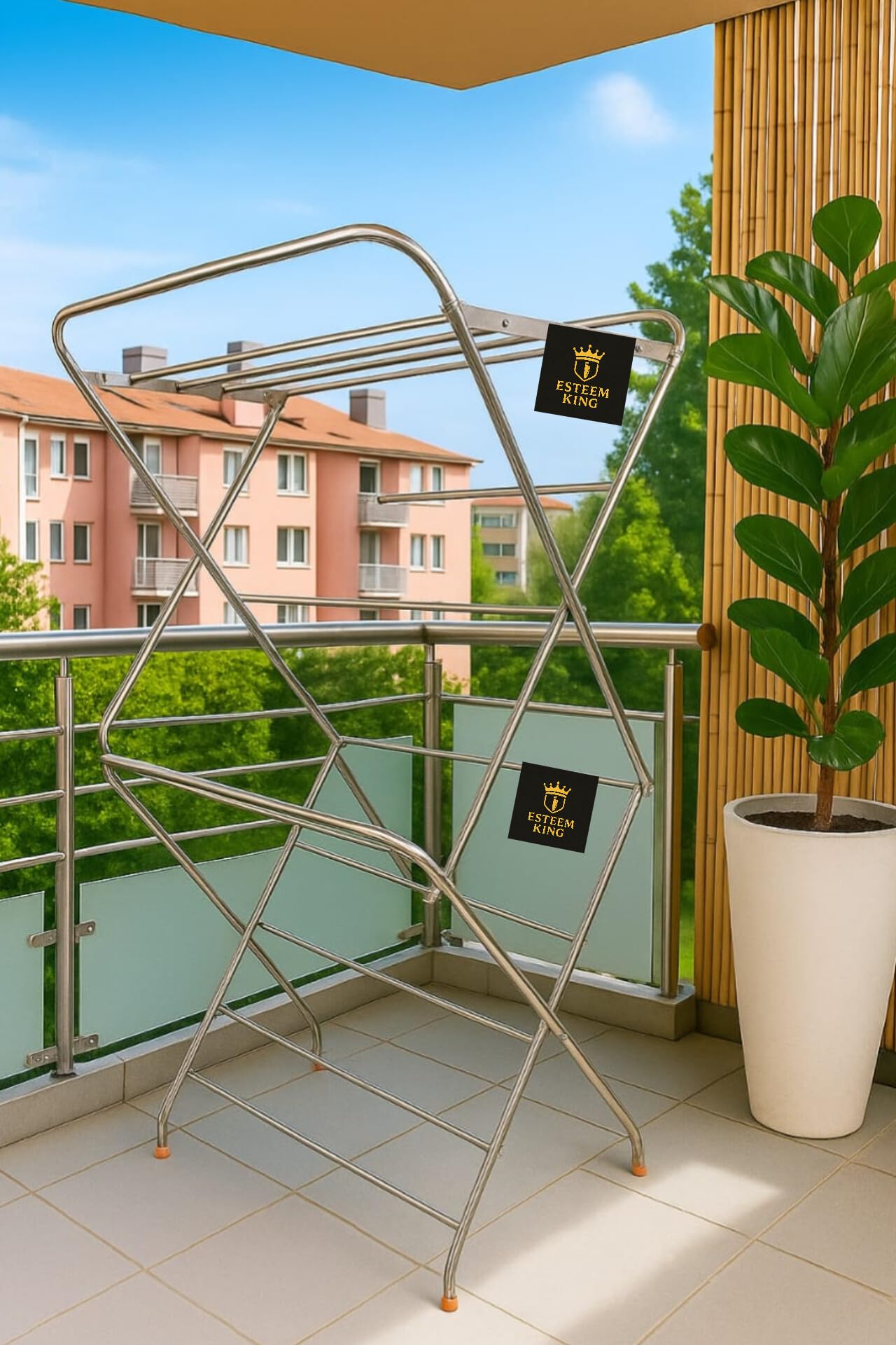 Esteem King 3-Layer Foldable Clothes Drying Stand with 19 Rods & 8 Additional Hooks | Heavy Duty Stainless Steel Cloth Dryer for Indoor/Outdoor/Balcony Use (Blue)-image-2