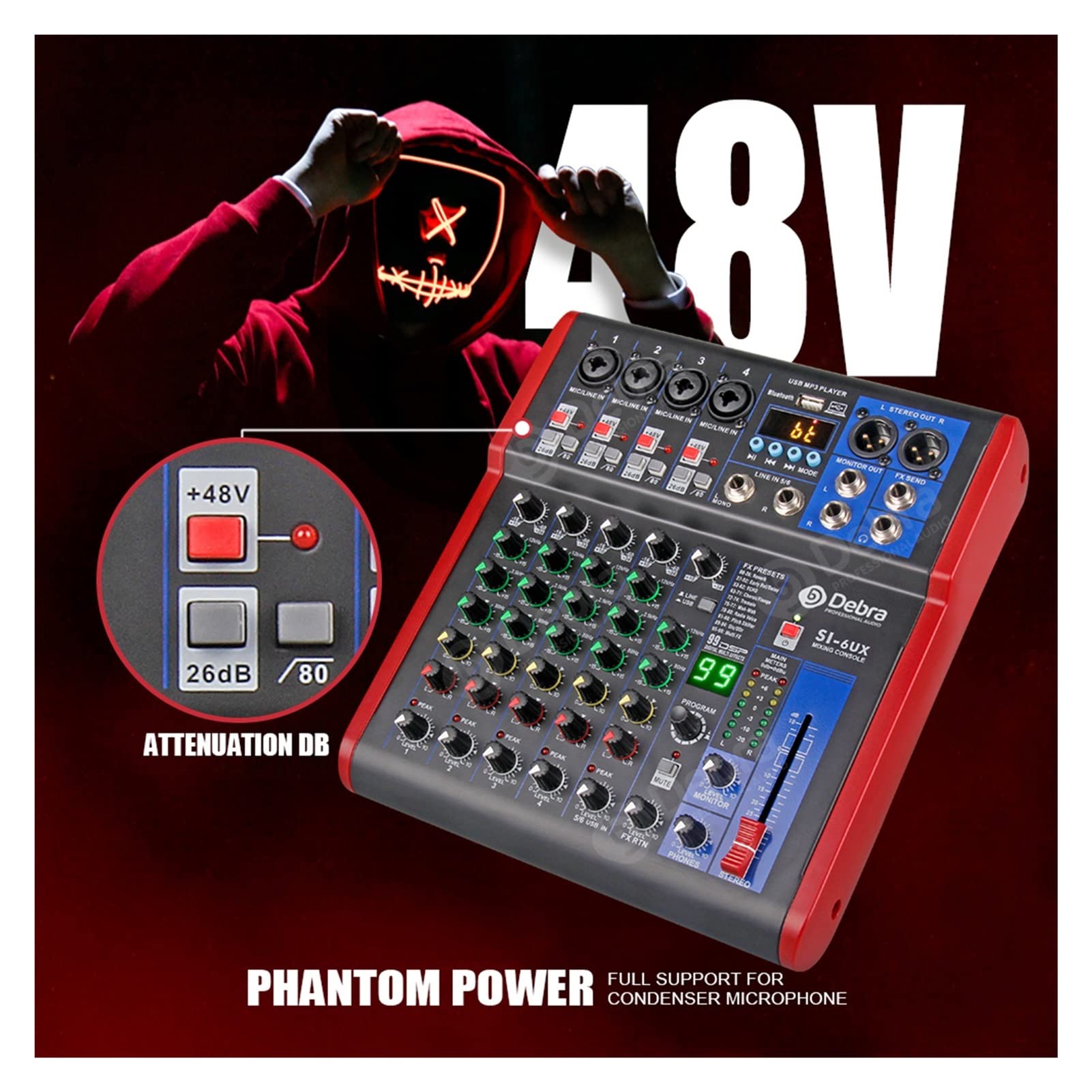 Attrezzatura per DJ per Feste Suono Pulito! Canale Debra PRO 6 USB Audio del Mixer con 99 Dsp Effetti digitali for DJ Miscelatore Console Karaoke Registrazione Studio