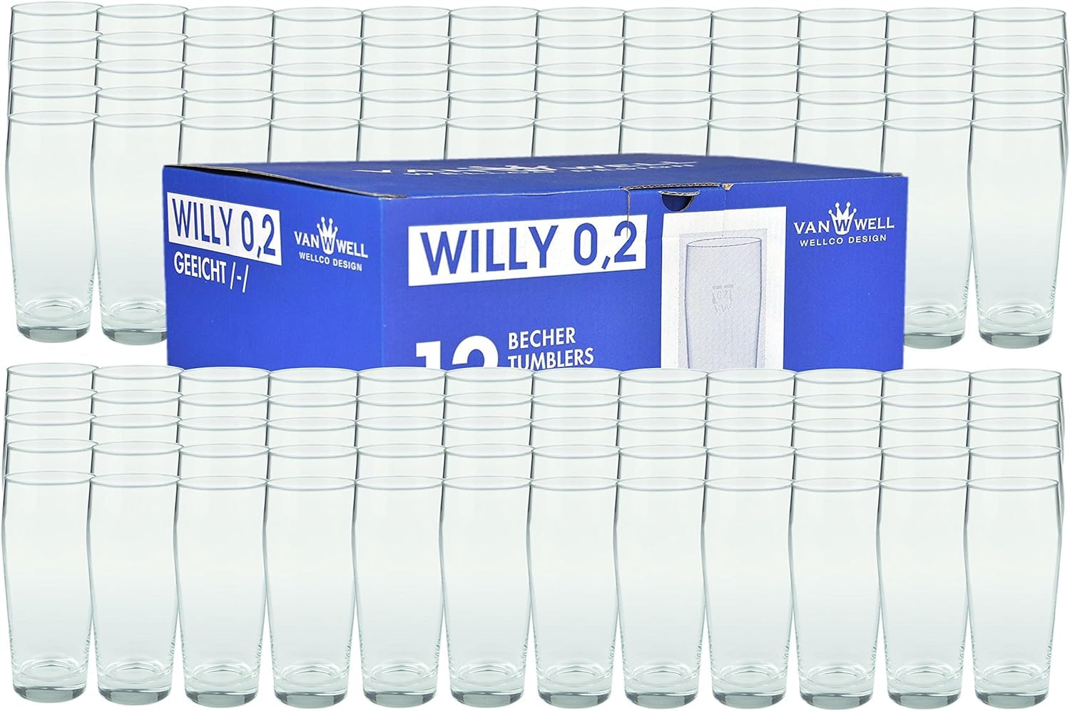 Van Well Willibecher 0,2 l, 120 pezzi, bicchieri da birra premium, 0,2 l, robusto, lavabile in lavastoviglie, calibrato, qualità gastronomica, bicchiere da 200 ml, per gastronmia e casa
