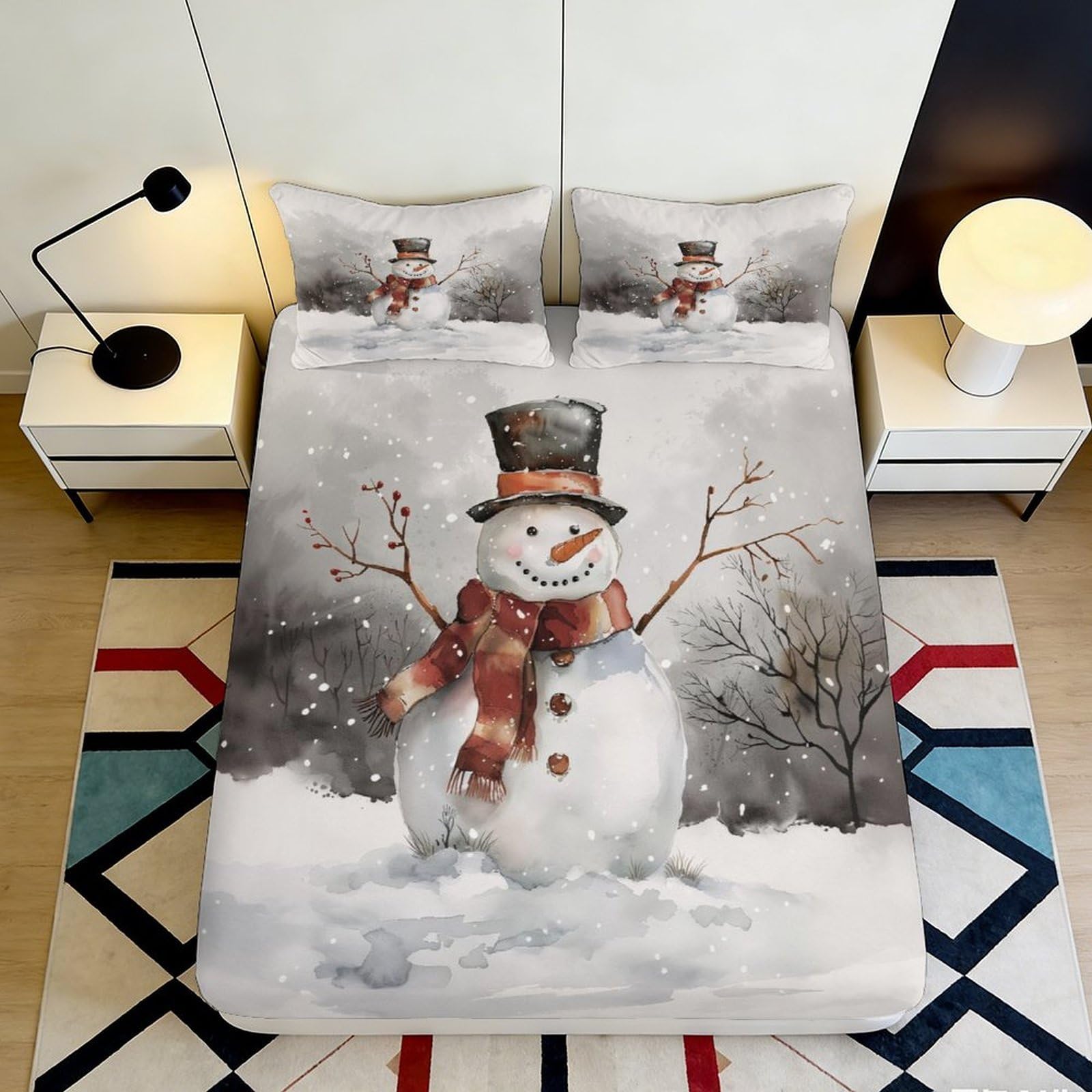 3D Printed Snowman Fitted Sheet Microfiber Soft Breathable Winter Scene Bed Cover for Bedroom Dormitory Guest Room Mattress Protection Decor 160x200x25cm