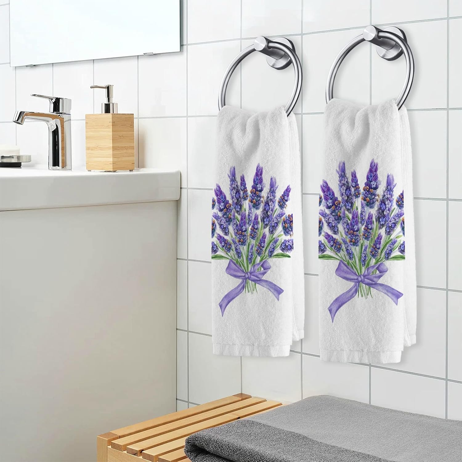 ALAZA Lavender Purple Hand Towels for Bathroom Set of 2, Fingertip Towel Face Towel Cotton Soft Absorbent Decorative Bath Towels 15.5x29.5 inch, Bouquet of Lavender Flowers - Image 3