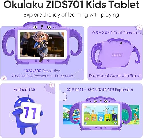 Miniatura 2 de okulaku Tableta para Niños de 7 Pulgadas Tabletas para Niños de 3-7 32 GB Tabletas para Niños Pequeños con YouTube Funda WiFi Cámara Dual, Tableta