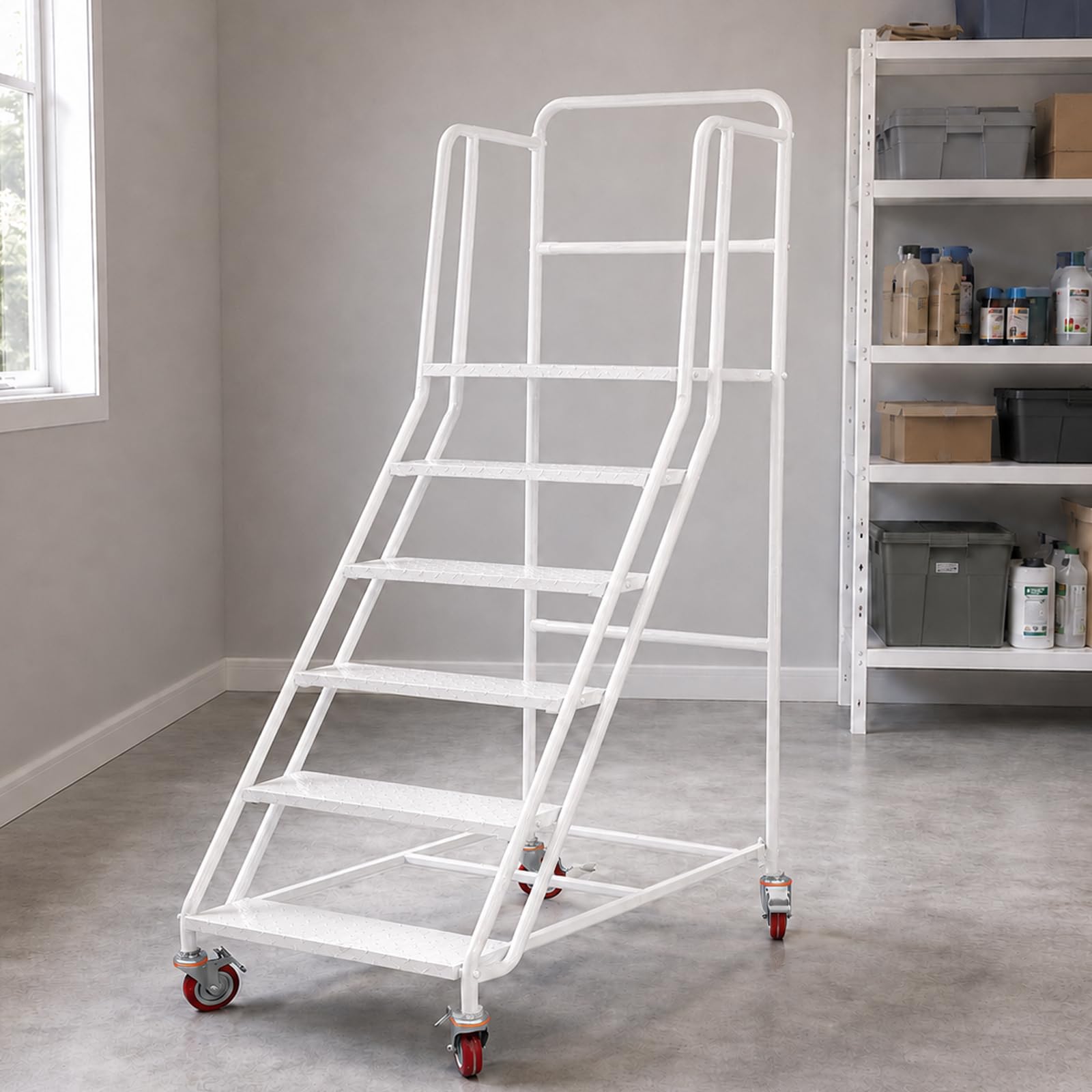 6 Step Rolling Warehouse Step Ladder, Rolling Stairs with Locking Wheels, Movable Platform Ladder, 880 Lbs Weight Capacity, Suitable for Warehouses, Supermarkets and Libraries (White, 6 Steps)