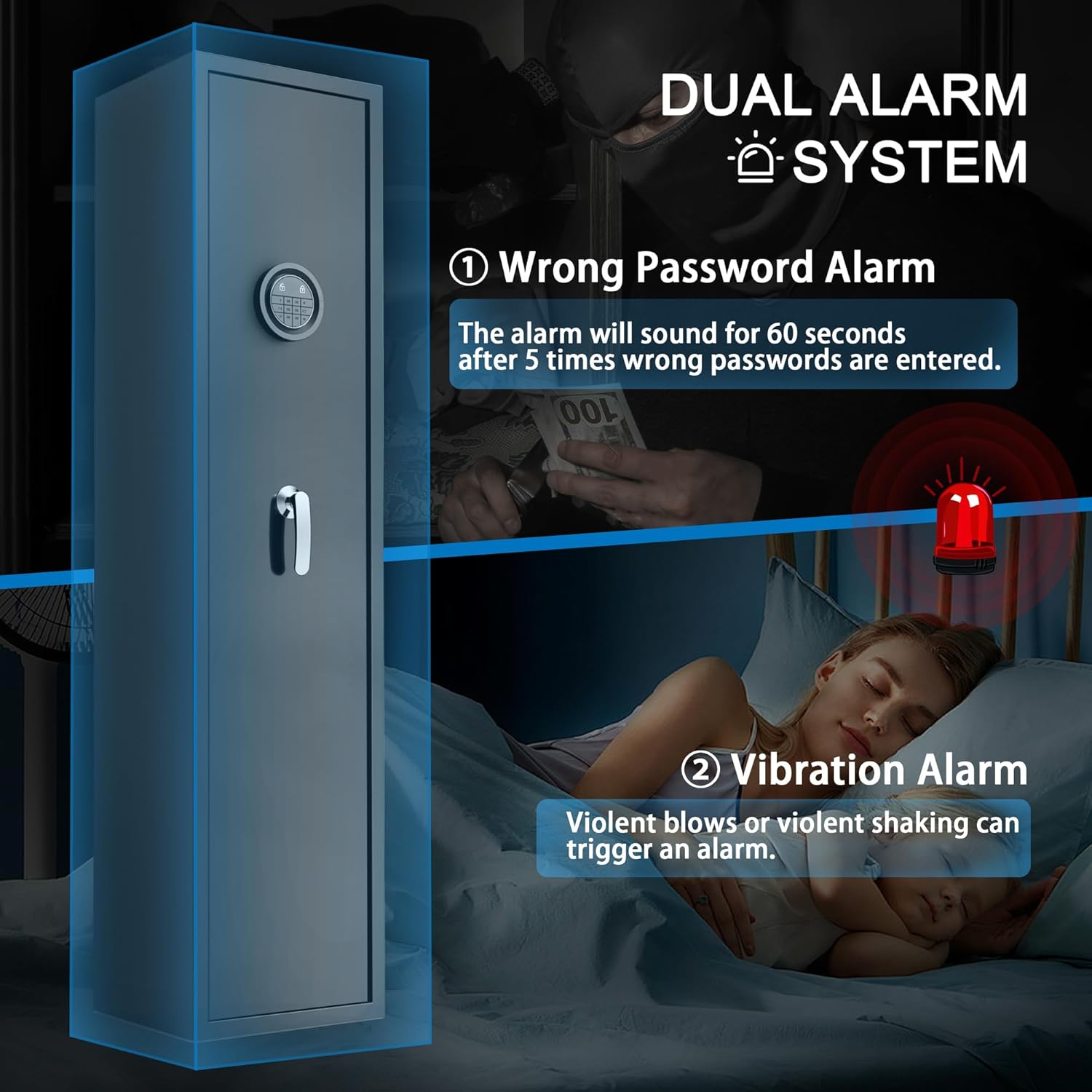 5 Gun Safes for Home Rifle and Pistols, Rifle Gun Safe with a Storage Box, Shotgun Safe Without Assembly Required Gun Safe Quick Access, Gun Cabinet with Removable Shelf, Dual Alarm System