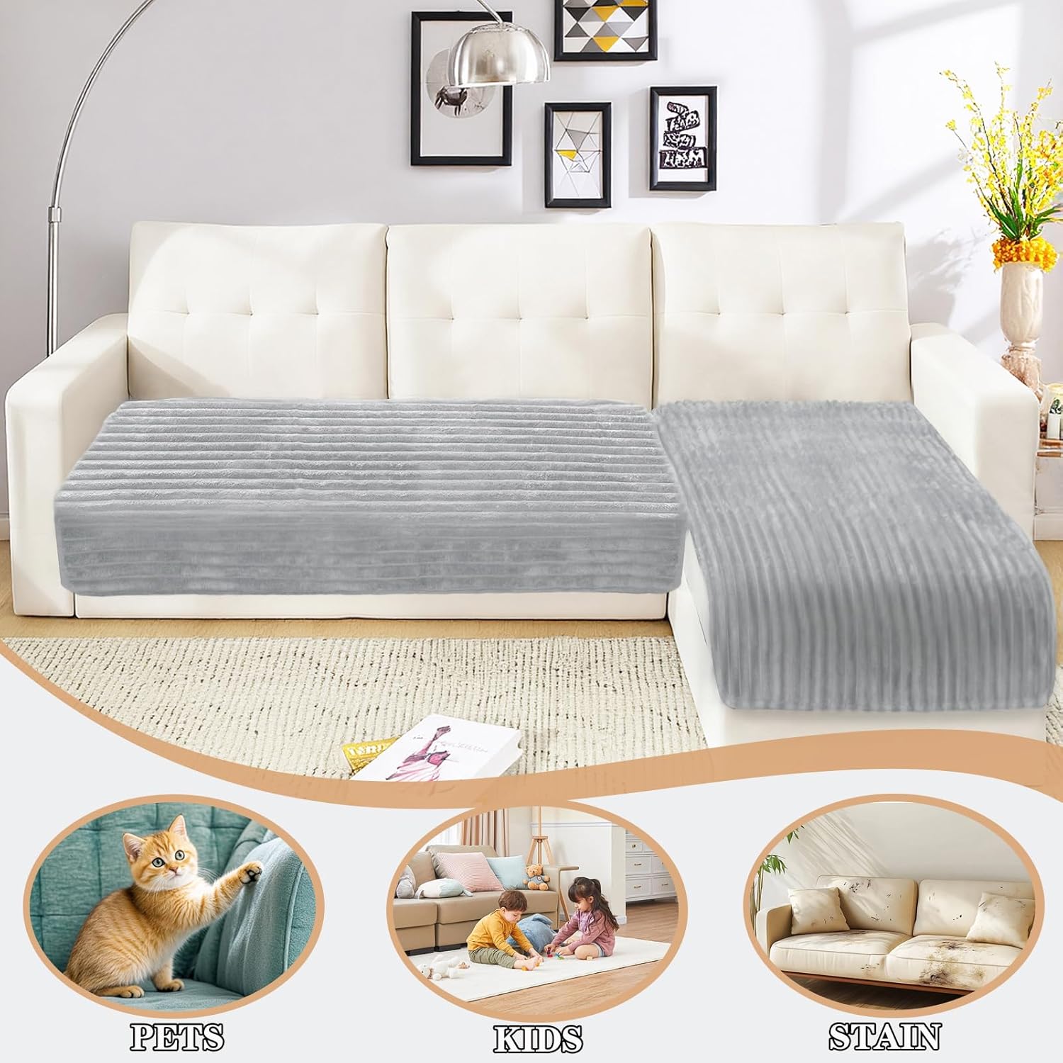 NAISI Couch Covers for Dogs Waterproof Flannel Striped Sofa Cover Pet Friendly Washable Dog Mat for Couch Anti Slip Sectional Sofa Slipcover Protector(2pcs/35"x63"+35"x70",Light Grey) Light Grey 2pcs/35"x 63"+35"x 70"