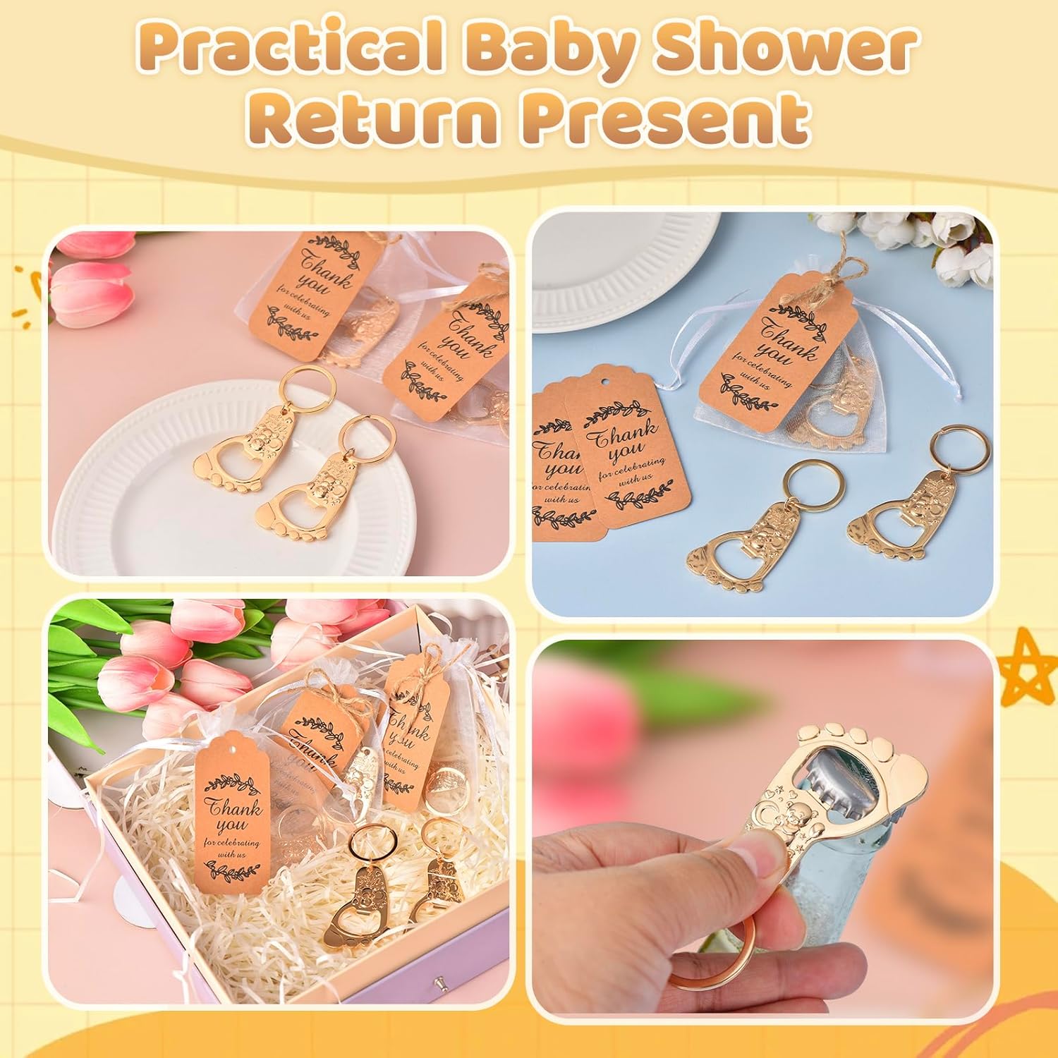 50Pieces Baby Bear Footprint Bottle Openers Keycahin Baby Shower Party Favor, Gifts or Souvenirs for Guests Bulk with DIY Tags and White Organza Bags (Bear Footprint)