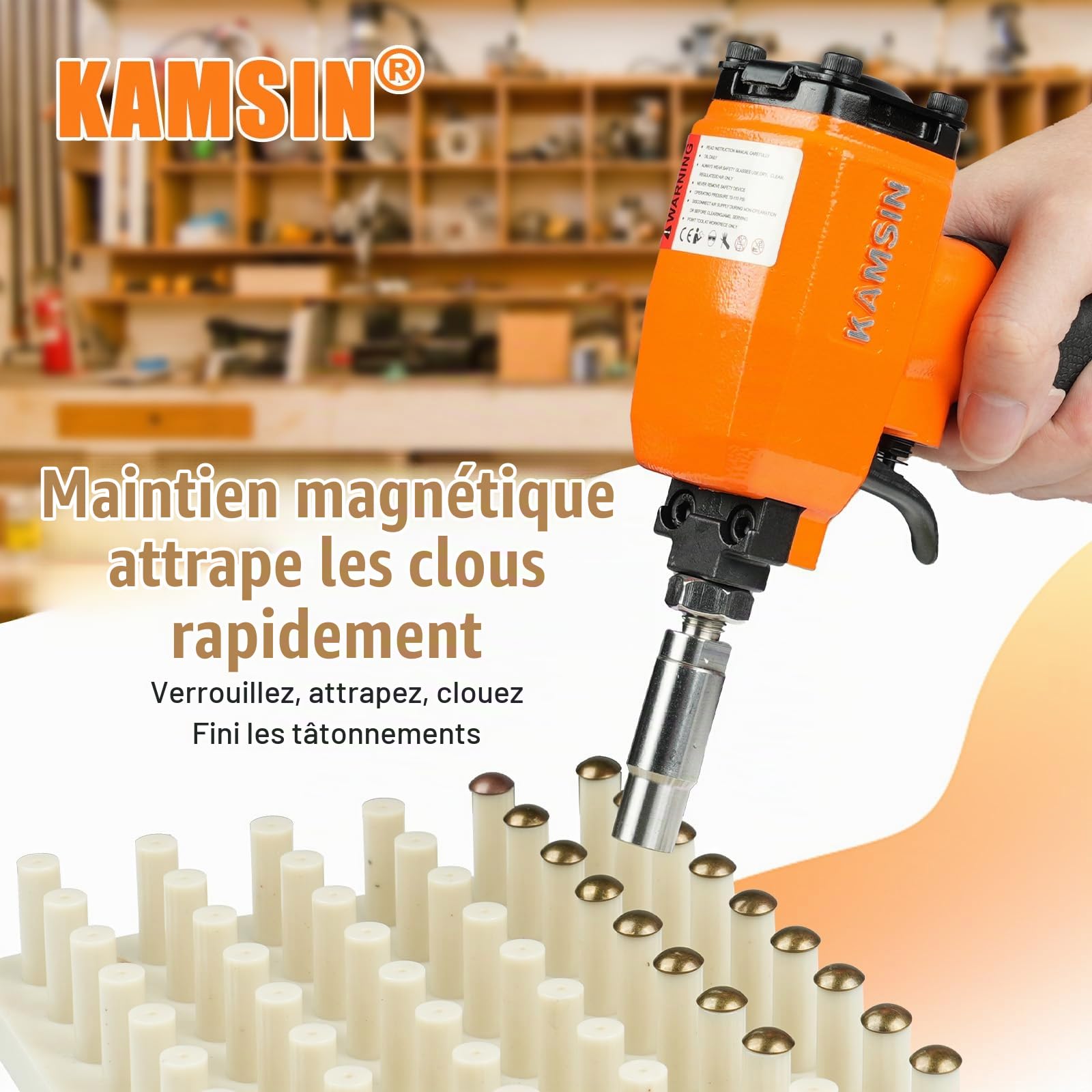 KAMSIN 1170 Cloueuse décorative pneumatique avec panneau de charge et manchon remplaçable, pistolet à clouer à air pour clous de tapisserie, épingles de tapisserie | Positionnement magnétique, plateau de chargement 54 agrafes, profondeur réglable, compati