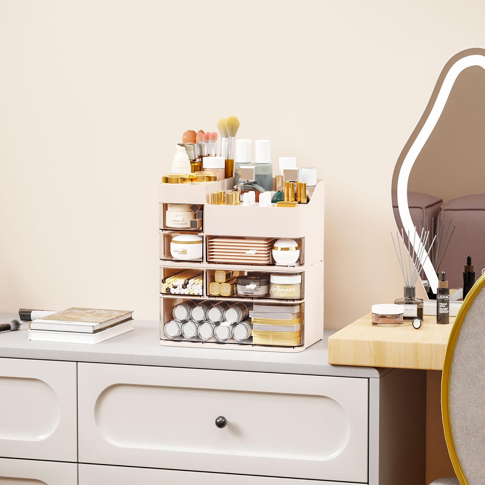 SuoXing Organizer per trucchi, grande capacità, organizer da banco per toeletta, impilabile, trasparente, 6 cassetti per riporre pennelli, rossetti e prodotti essenziali per la cura della pelle, rosa