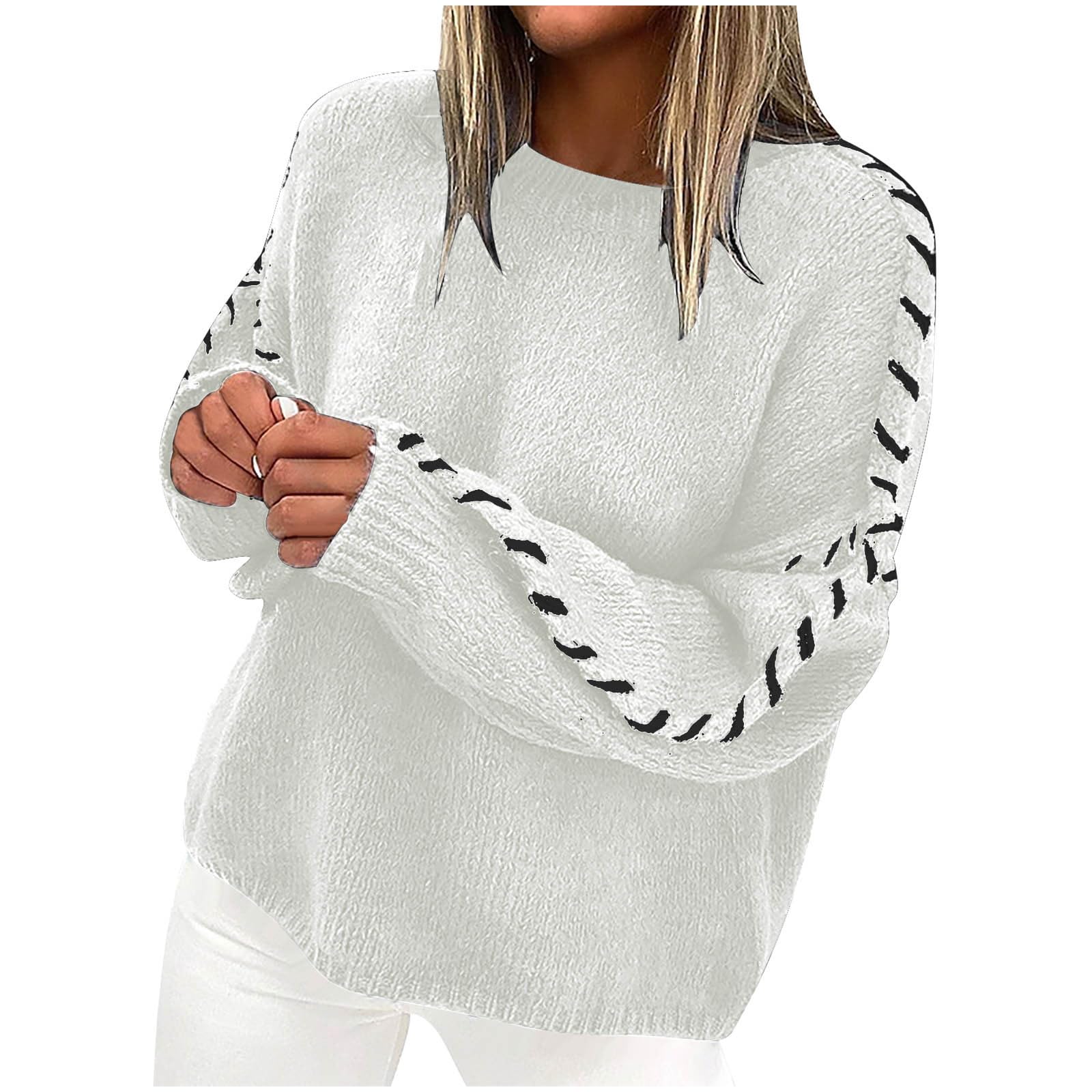 Womens Contrast Binding Drop Shoulder Sweater Contrast Stitching Crewneck Sweater Cable Knit Pullover Jumper Tops