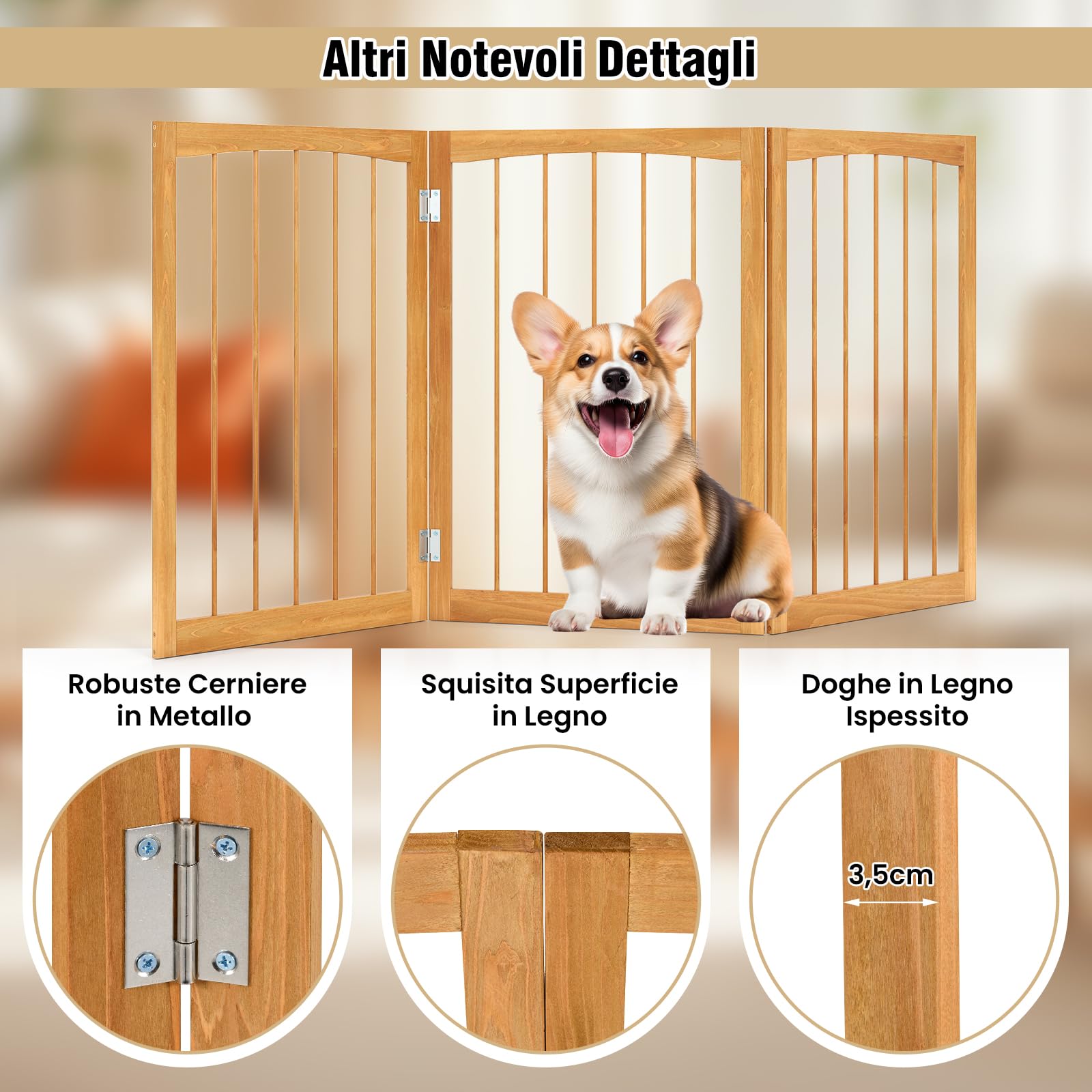 COSTWAY Cancelletto in Legno per Cani 159 x 76 cm, Recinto per Bambini, Cancello Pieghevole a 3 Pannelli per Porte, Scale e Corridoi (Marrone)