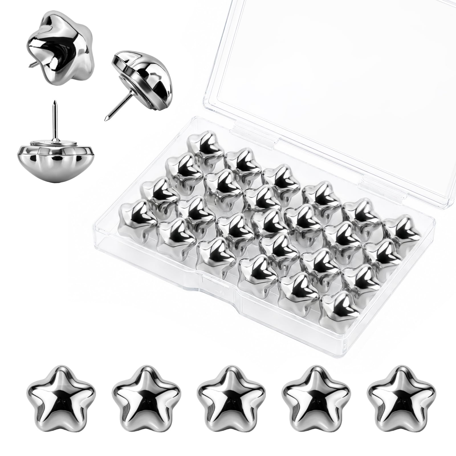 25 Pcs Decorative Thumb Tacks, Cute Decorative Push Pins for Wall Bulletin Board &amp; Cork Board, Resin Star Push Pins for Office Home School,Sliver