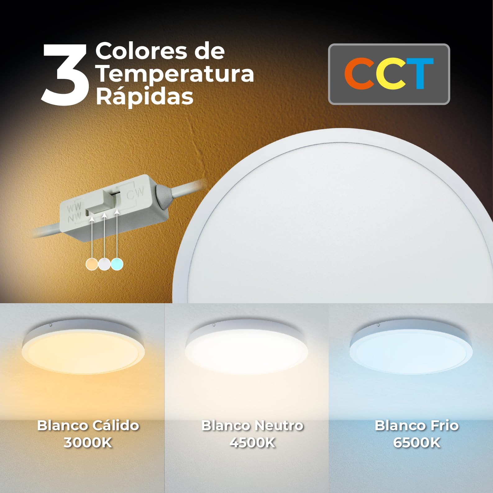 LED ATOMANT Plafon LED Superficie 60cm 48W CCT 3000-6500K 5500lm | Con Selector de color CCT, Driver incluido