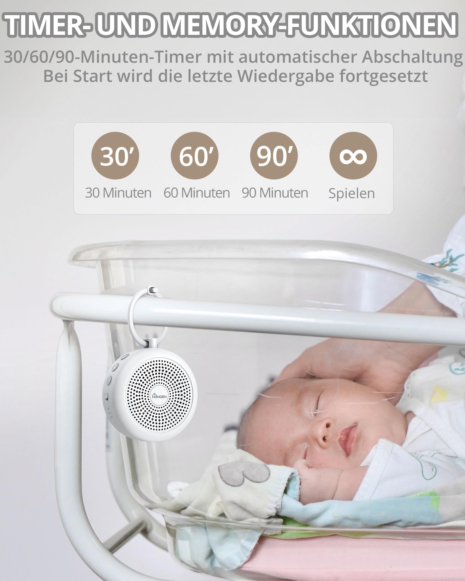 HOMGEN White Noise Machine Baby Einschlafhilfe für Babys & Erwachsene | Tragbare weißes Rauschen, 29 Beruhigende Klänge, 3 Timer-Einstellungen, Langlebige Leistung, Befestigung am Kinderwagen Bett