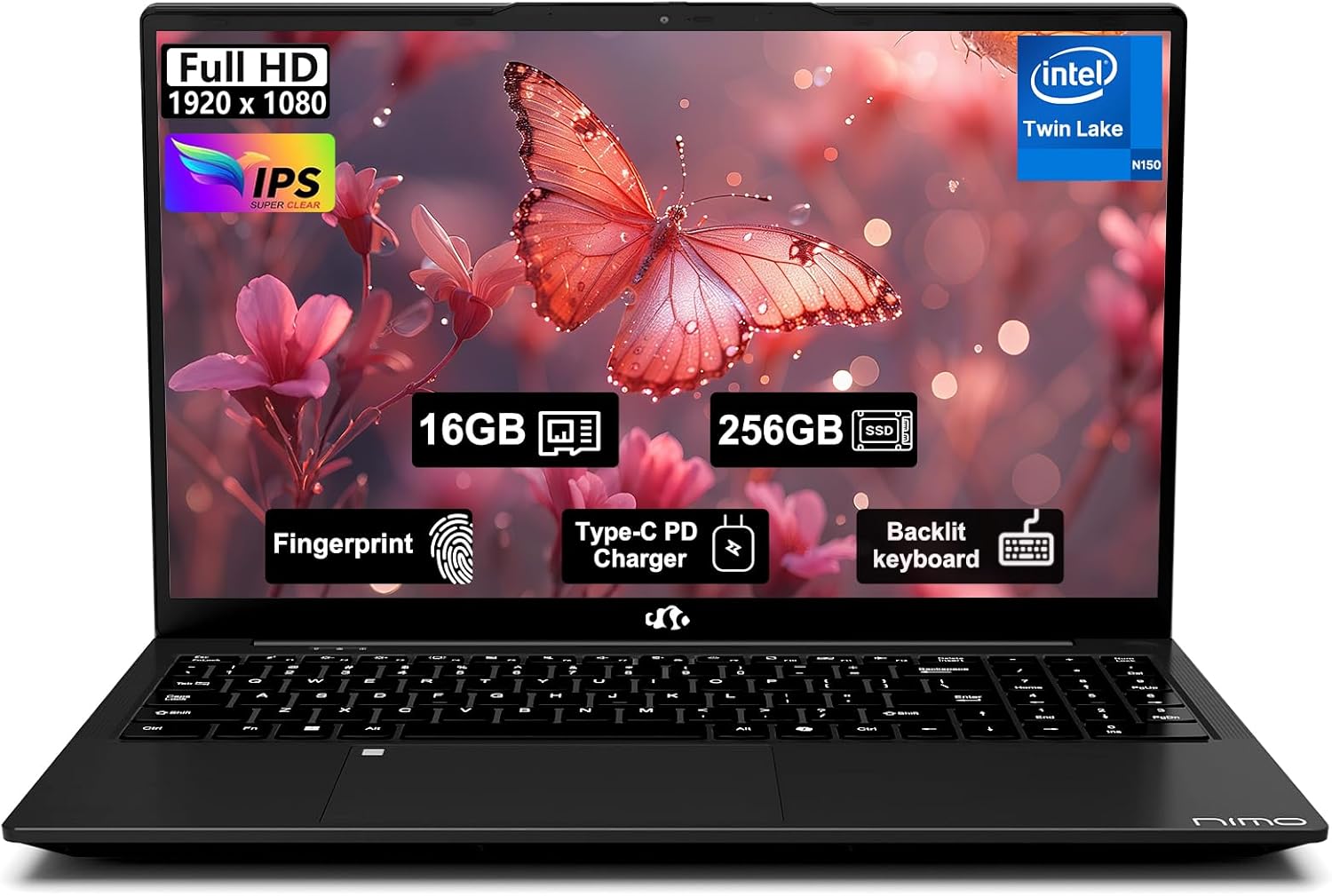 NIMO 15.6" IPS FHD-Student-Laptop, 16GB RAM 256GB SSD Intel N150(Beat i3-10110U, Up to 3.6GHz) Computer with 65W Type-C, Fingerprint, Backlit Keyboard, Wi-Fi 6, BT5.2, for Business and Home