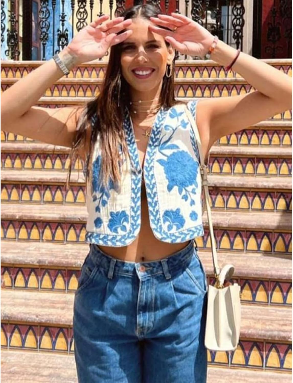 Embroidered Vest Tops for Women Vintage Sleeveless Floral Open Front Boho Cardigan Vest - Image 2