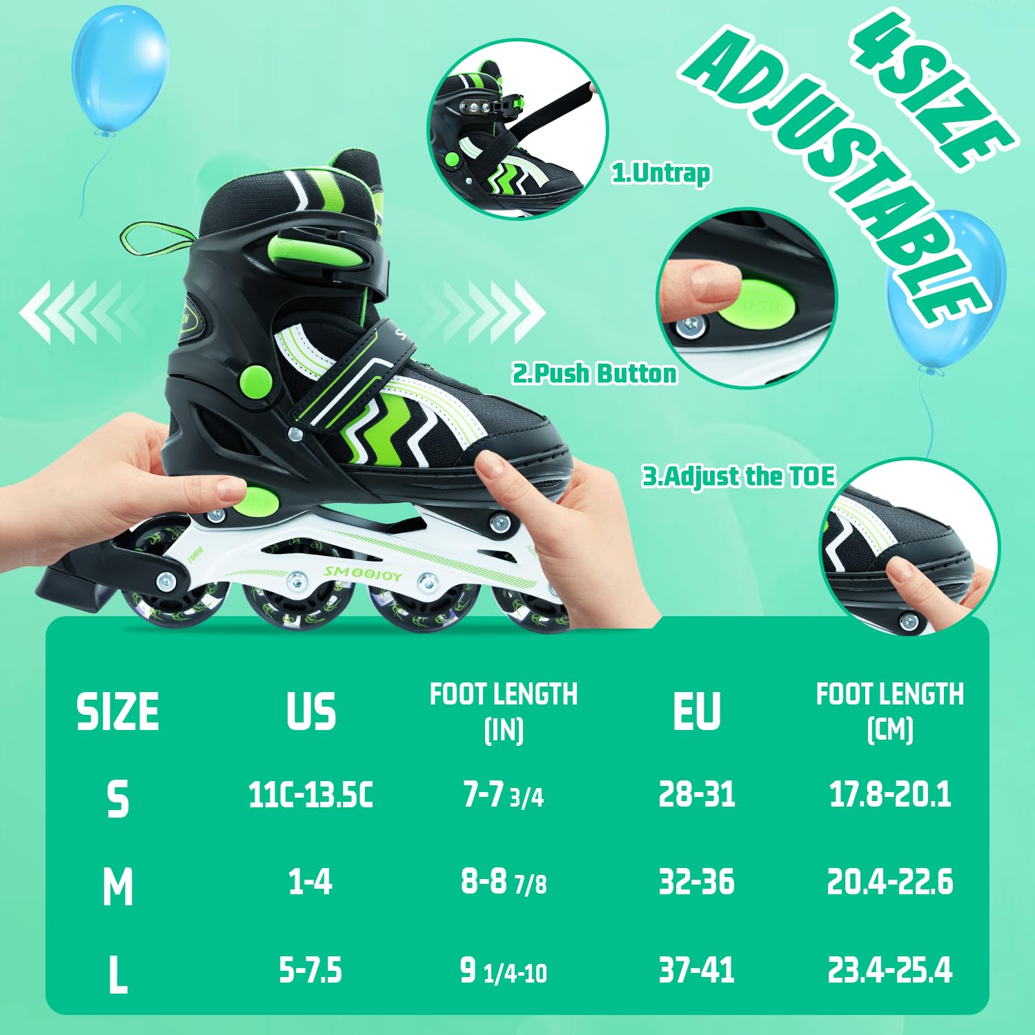 SMOOJOY Inline Skates for Kids Light-Up Wheels Aluminum Frame Black Green Blade Skate for Boys and Girls S, M, L Sizes, Ages 8-12, Perfect for Beginners Indoors and Outdoors
