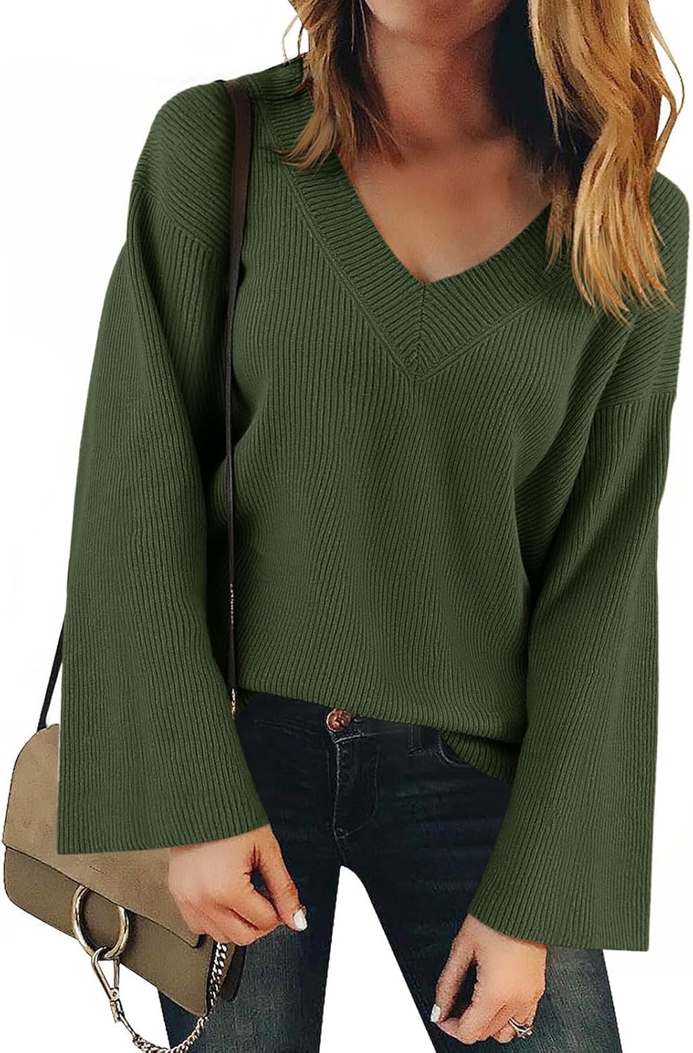 Yousify Womens V Neck Oversized Sweaters Long Sleeve Knit Pullover Trendy Casual Chunky Sweater