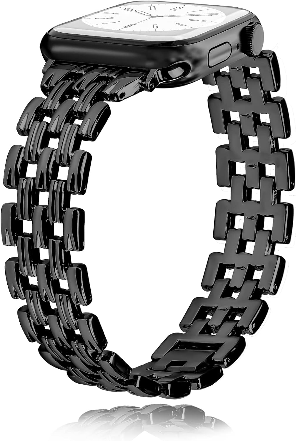 Metal Watch Band Compatible with Apple Watch 38mm 40mm 41mm 42mm 44mm 45mm 49mm, Dressy Strap with V-Shape Debossed Design for Women Men, Pretty Shiny Look