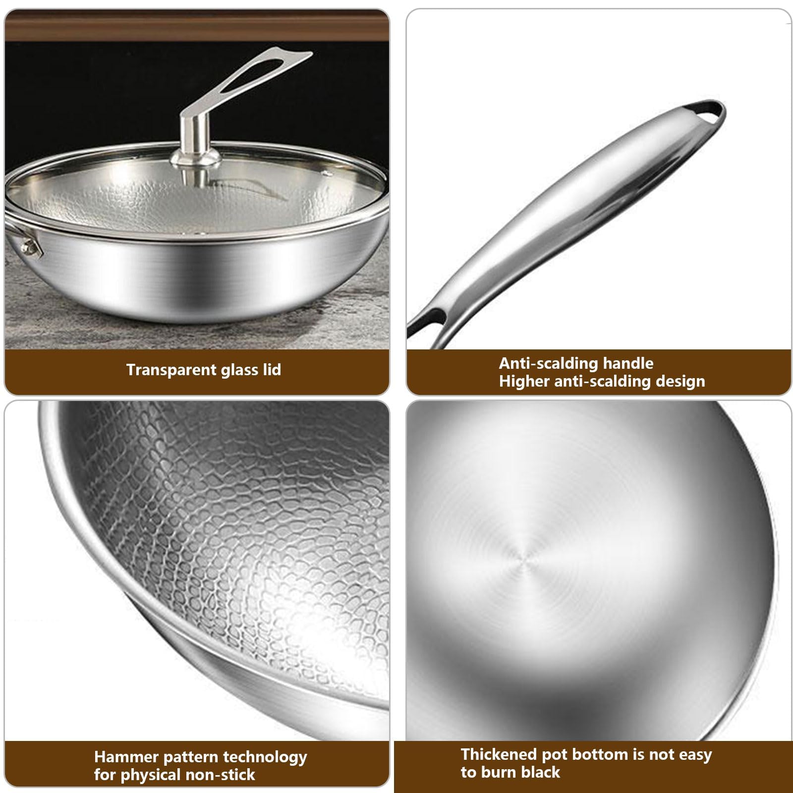 Padella in Titanio Wok Antiaderente con Coperchio, Attrezzi da Cucina Non Rivestiti Compatibili con Gas, Induzione(Size:32cm)