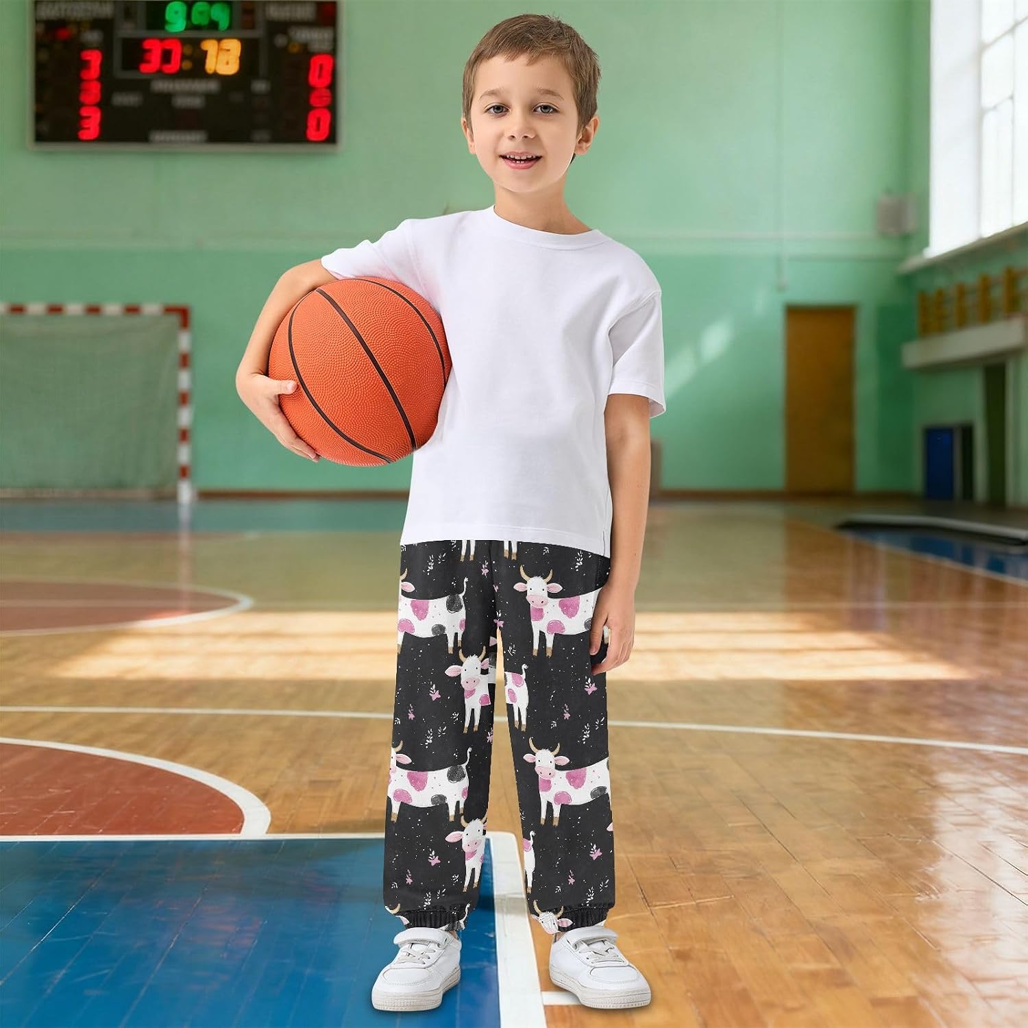 Boy Sweatpants Animal Cow Pink Joggers Casual Athletic Pants Kids Elastic Waist Cuffed with Pockets