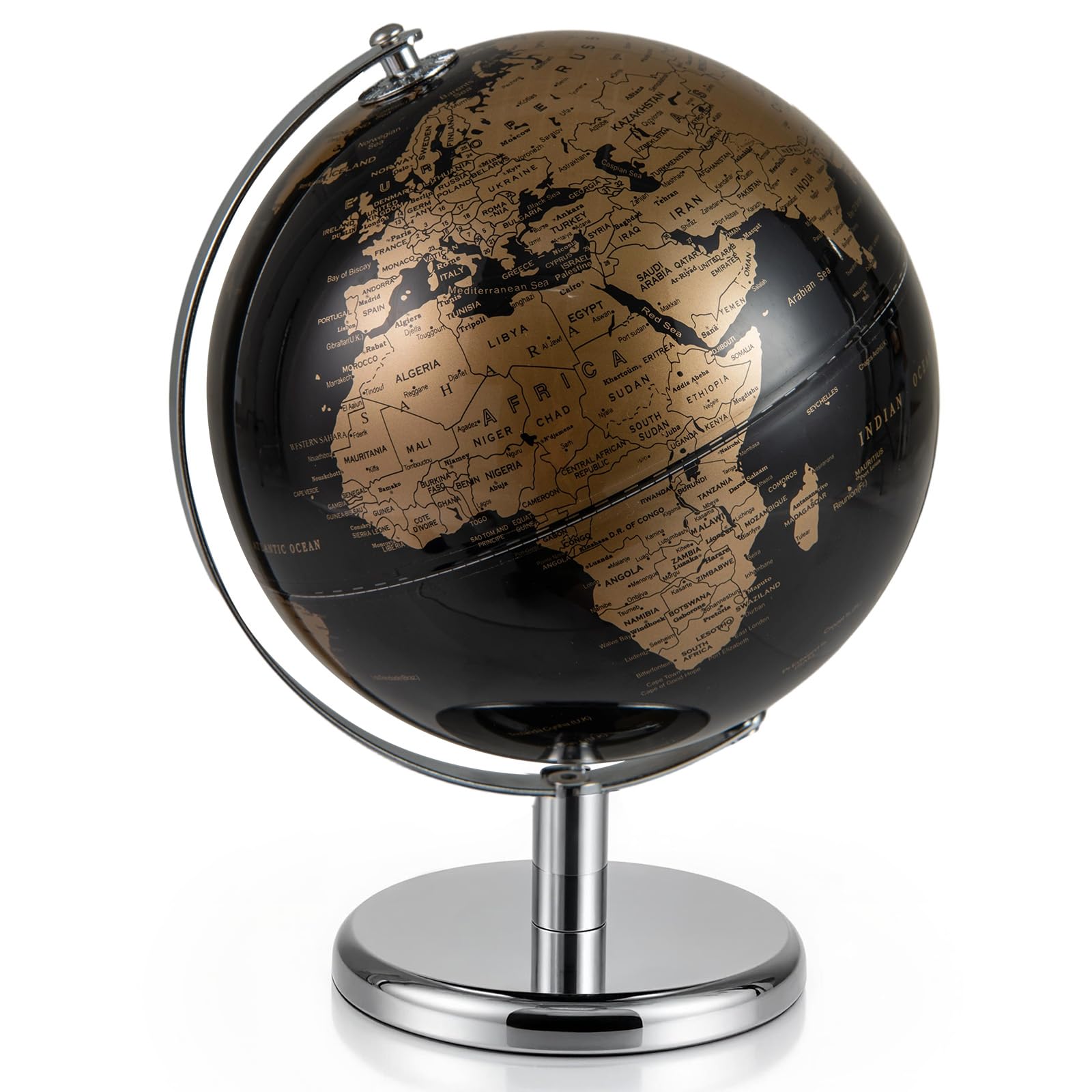 COSTWAY 20cm World Globe, Rotating Earth Globe with Metal Stand, Desktop Geography Educational Learning Toy for Classroom, Office, Home Decorative (Black + Gold)