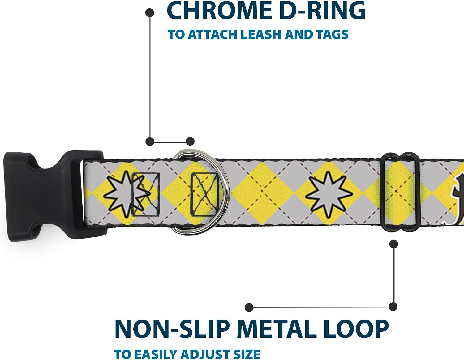 Warner Bros. Pet Collar, Dog Collar Plastic Buckle, Harry Potter Hufflepuff Stars Argyle Plaid Gray Gold Browns, 16 to 23 Inches 1.5 Inch Wide