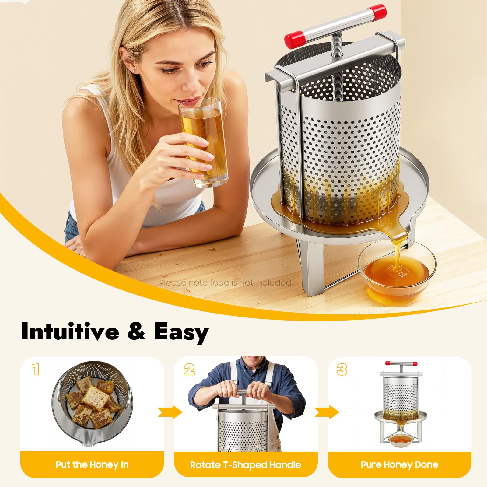 Prensa de frutas de acero inoxidable de 10 L, prensa de miel, acero inoxidable, manual del hogar, prensa de miel, prensa de cera, herramienta de apicultura con filtro