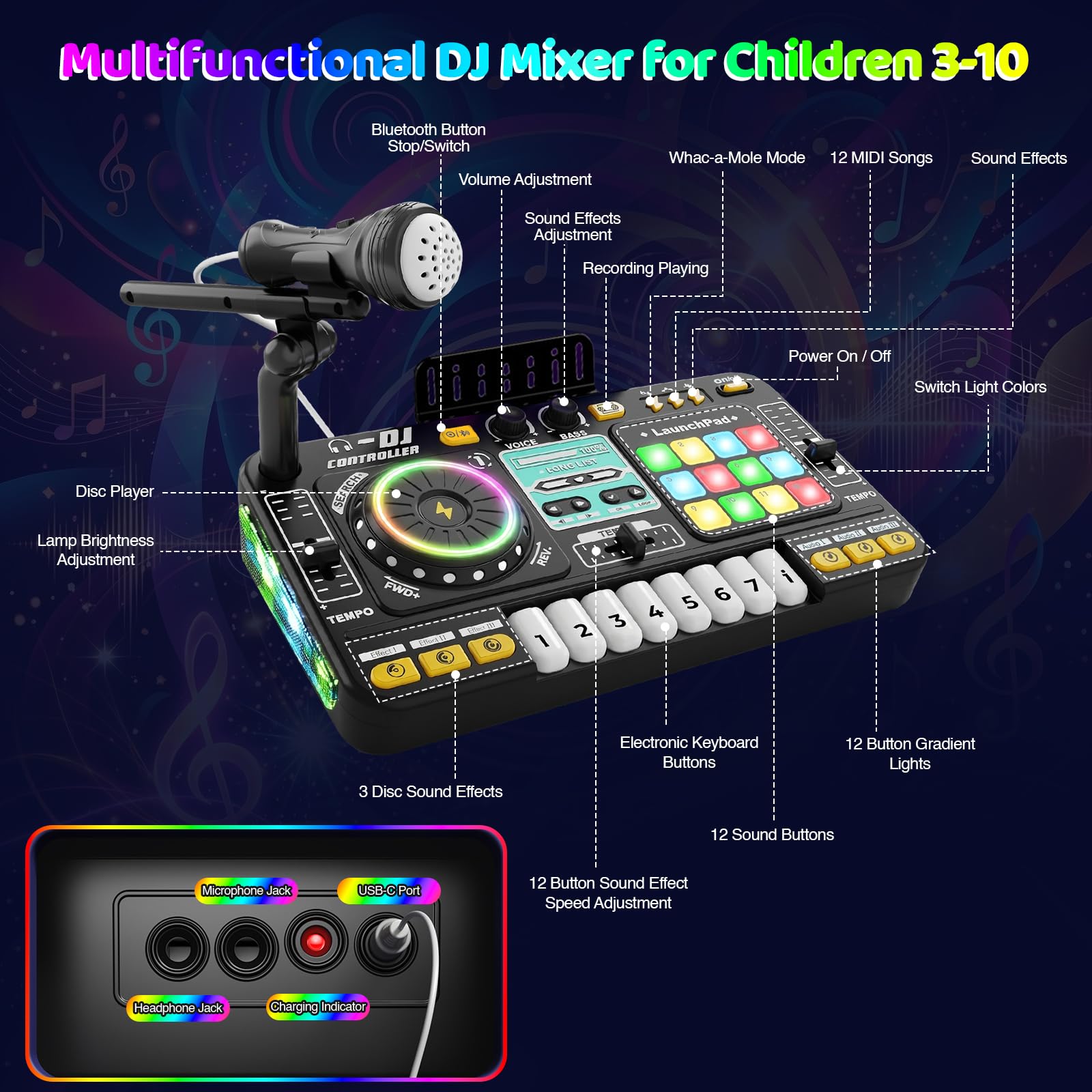 Table de mixage DJ multifonctionnelle pour enfants, avec microphone, plus de 100 effets sonores, batterie, contrôleur d'apprentissage de la musique interactif avec effets lumineux pour enfants de 3 à
