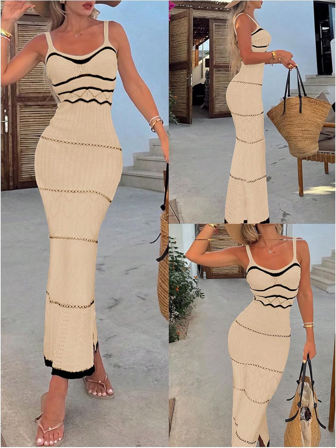 GORGLITTER Women's Crochet Bodycon Maxi Dress V Neck Spaghetti Strap Knit Boho Birthday Wedding Guest Dresses - Image 5