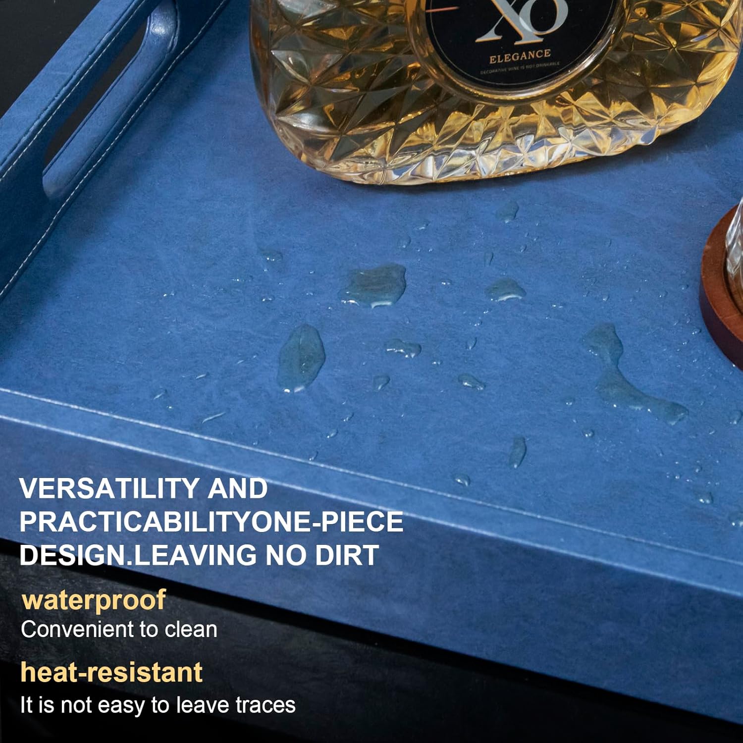 20 * 14 inches Leather Rectangle Serving Tray with Hole Handles,High-End Light Large Service Tray for Ottoman Tray, Tea, Food, Butler - Countertop, Kitchen,Family Dinner, Picnic (Blue)