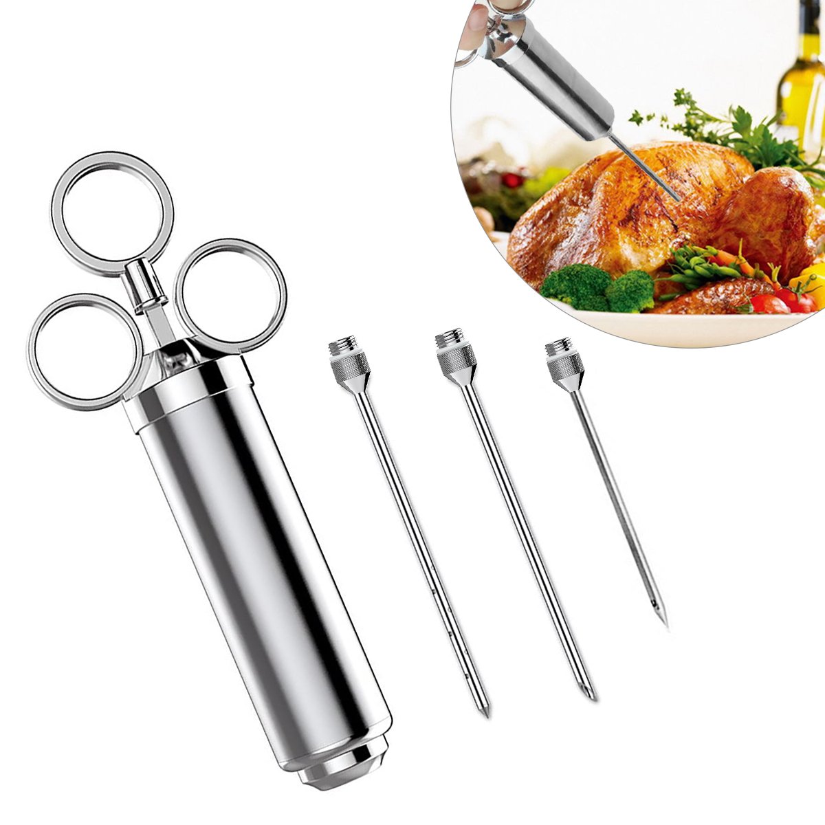 Cadrim Meat Injector with 3 Needles Stainless Steel Flavor Injector Cooking Syringe for Pork Beef Chicken Turkey Marinade Brine Seasoning Injector