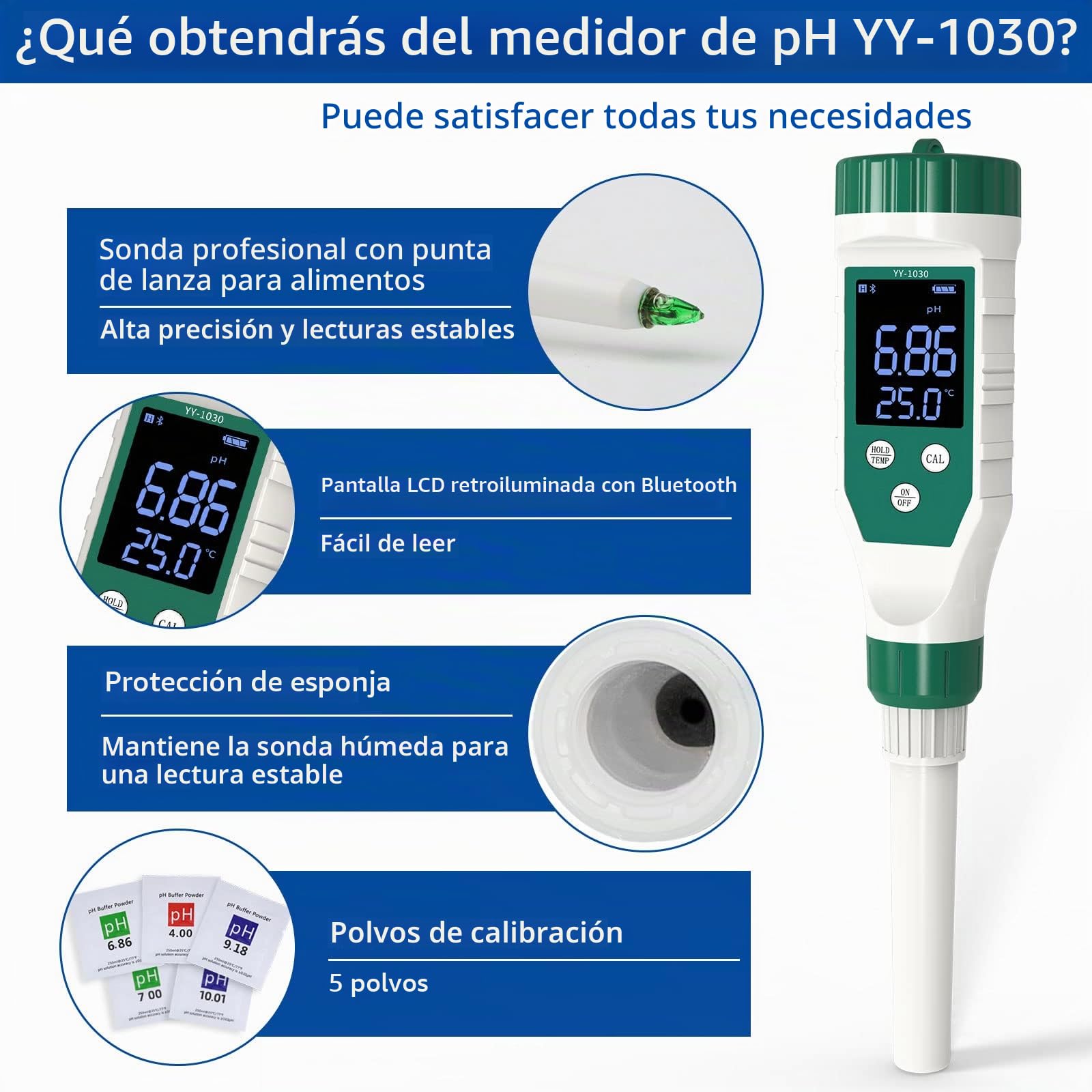Medidor de pH para alimentos, digital Bluetooth Phmetro con retroiluminación LCD y ATC, resistente al agua alimentos pH medidor para carne, pan, quesos, suelos blandos y agua