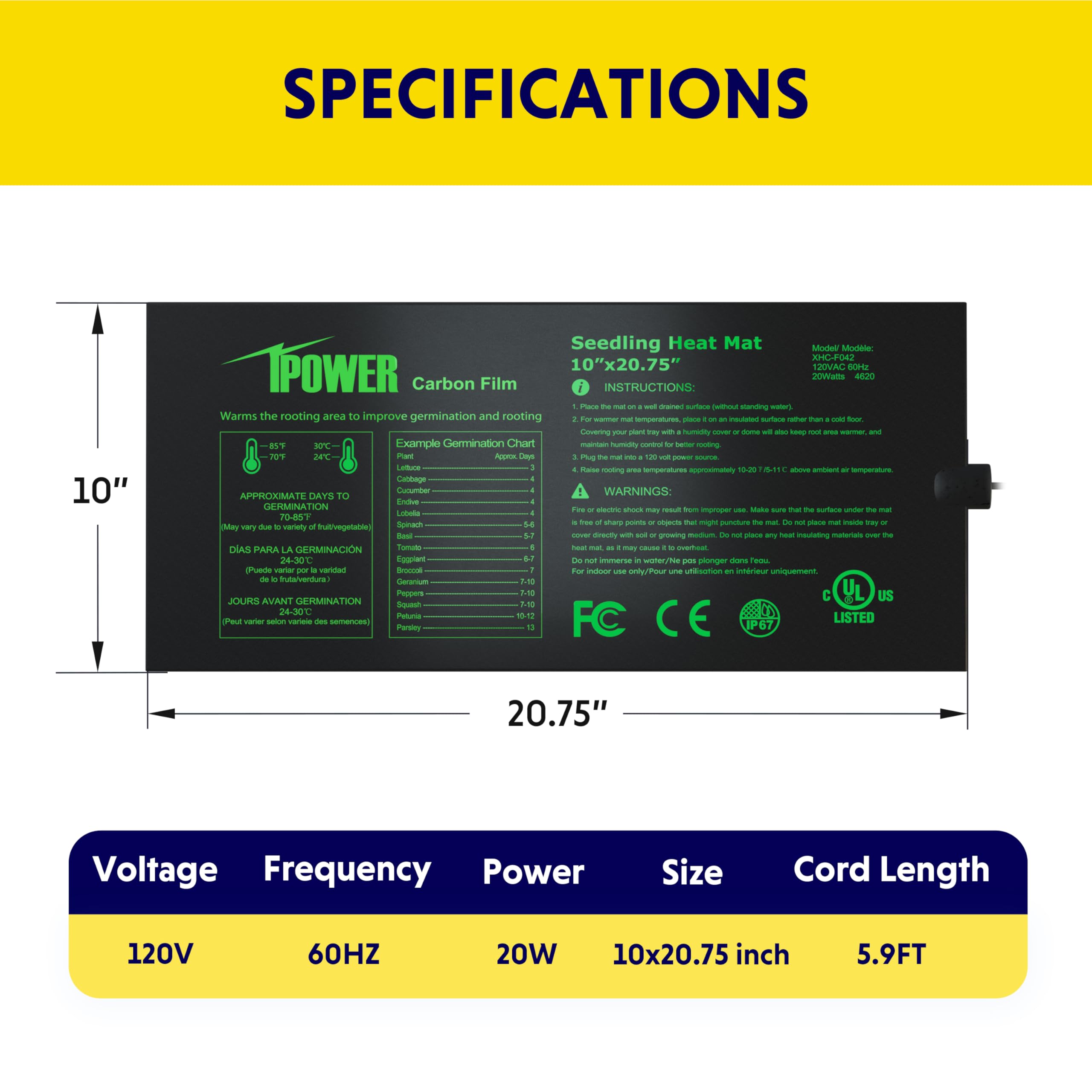 iPower Heizmatte für Saatgut, 25,4 x 52,7 cm, Karbonfolie, für den Innenbereich, warm, Hydrokultur, Keimung, Startkissen, langlebig, wasserdicht, Schwarz, 4 Stück