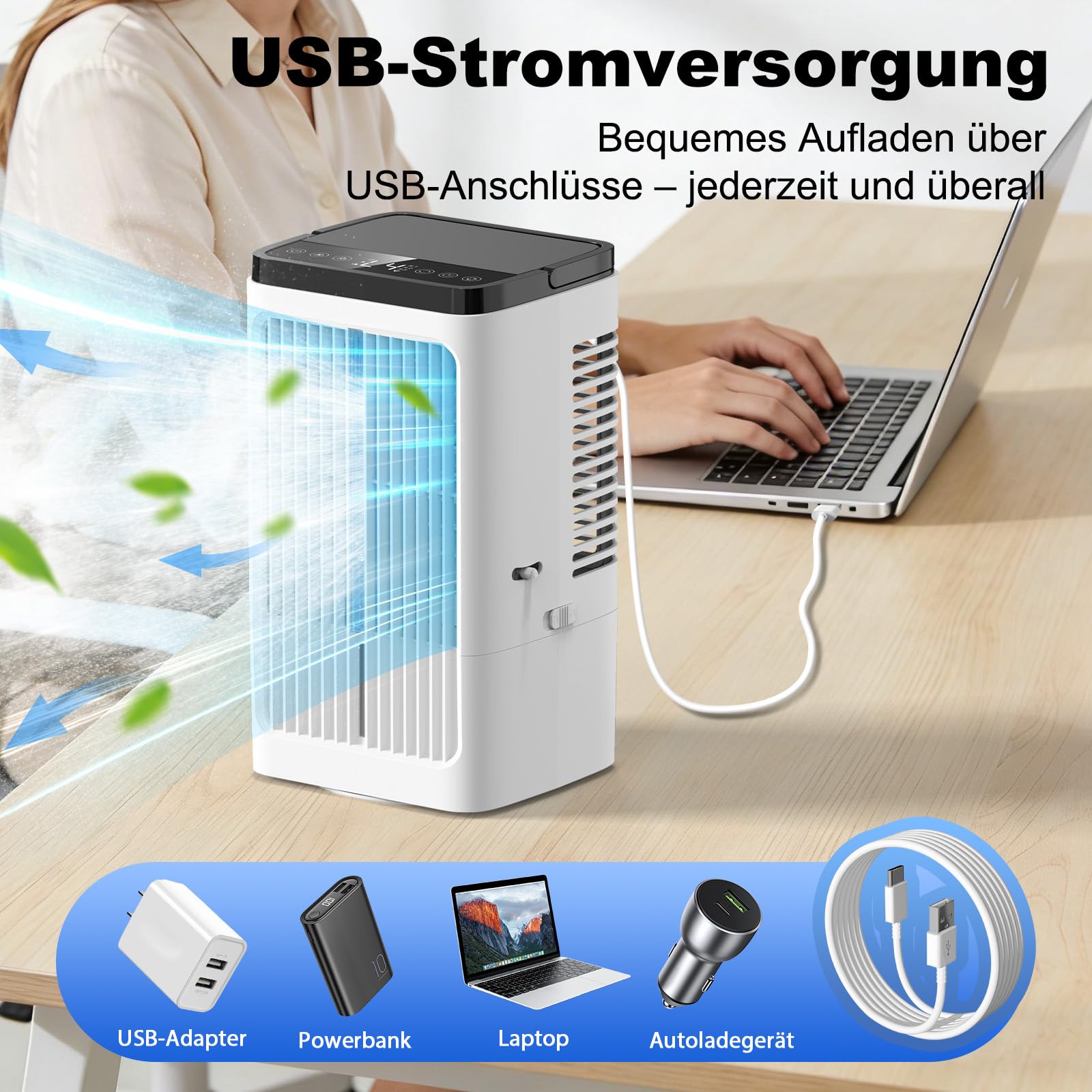 Klimaanlage Mobil, Mini Luftkühler, mit 2 Sprühstufen & 4 Geschwindigkeitsstufen, 1200ml Wassertank, 7 Farben Nachtlicht, 1-8 Stunden Timer, für Schlafzimmer und Büro (Cremeweiß)