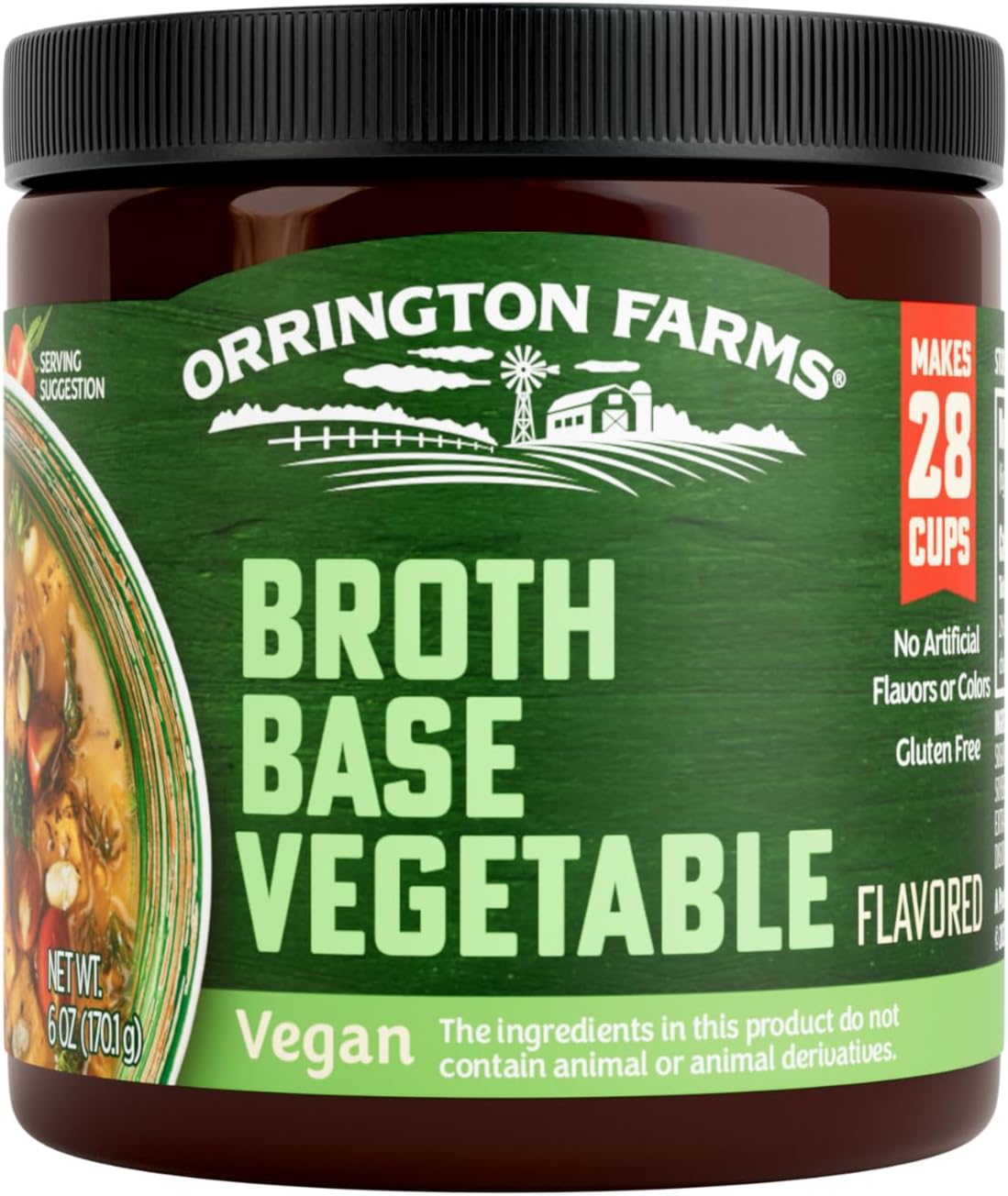 Orrington Farm Vegan Vegetable Flavored Broth Base, Bring Flavor to Your Favorite Soups & Stews, Gluten Free, No Artificial Flavors or Colors, Vegetarian Friendly, Easy-to-Use, 6oz Jar