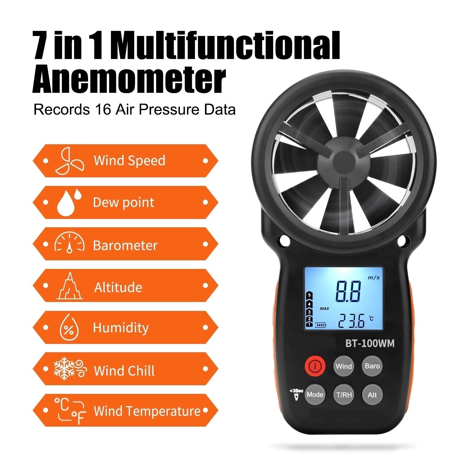 Anemómetro Digital, Barómetro De Mano, For Velocidad Del Viento, Temperatura, Probador, Humedad MedicióN Precisa