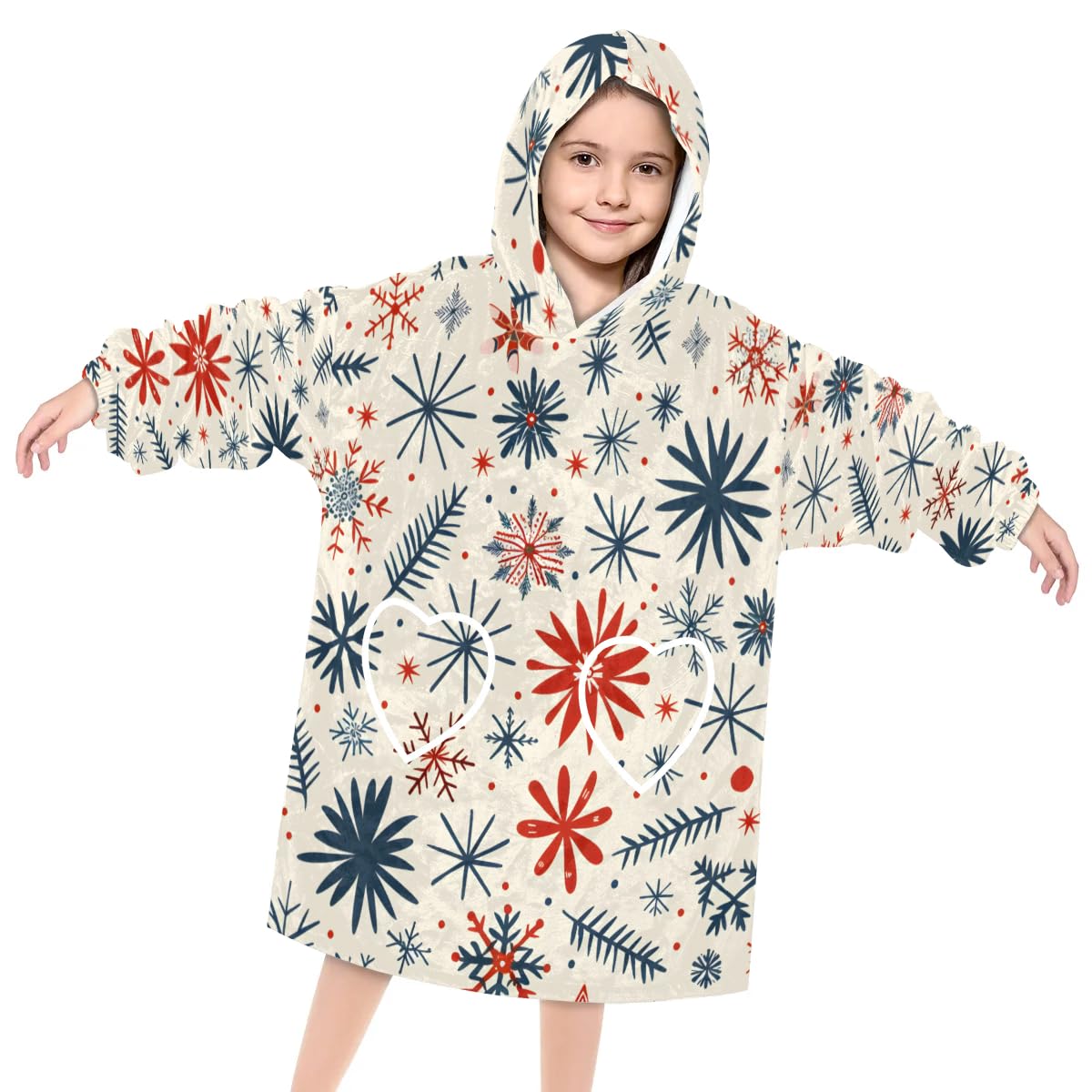 Wearable Blanket Hoodie for Kids, Colored snowflake Fleece Sweatshirt Blanket Christmas atmosphere Oversized Blanket Sweatshirt with Pocket Flannel Warm Hooded Blanket 6-10 Year Old Girl Boy Gift