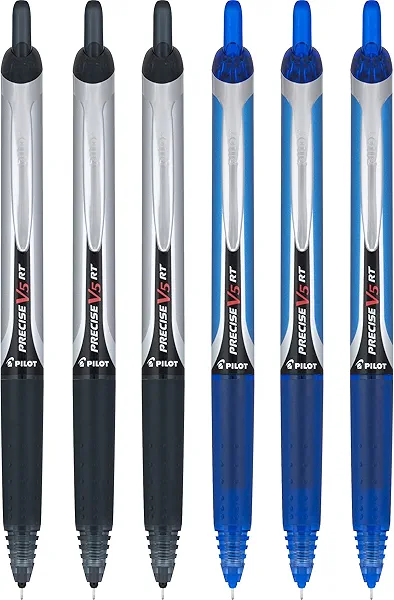 Pilot Precise V5 RT Retractable Rolling Ball Pens, Extra Fine Point, 3 Black & 3 Blue, (6 Pens)