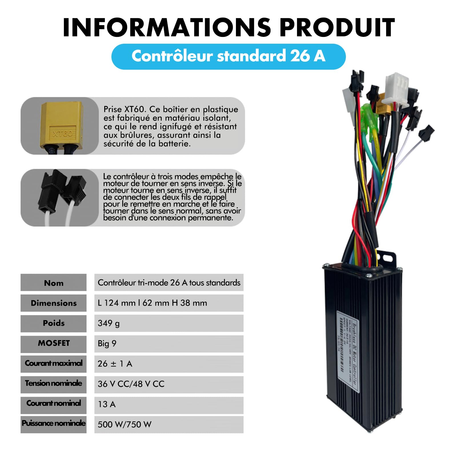 Kit de Contrôleur de Moteur sans Balais pour Vélo Électrique, 36V 48V 500W 750W 26A 3 Modes Contrôleur à Onde Sinusoïdale avec Panneau d'Affichage LCD Couleur S-100 Étanche