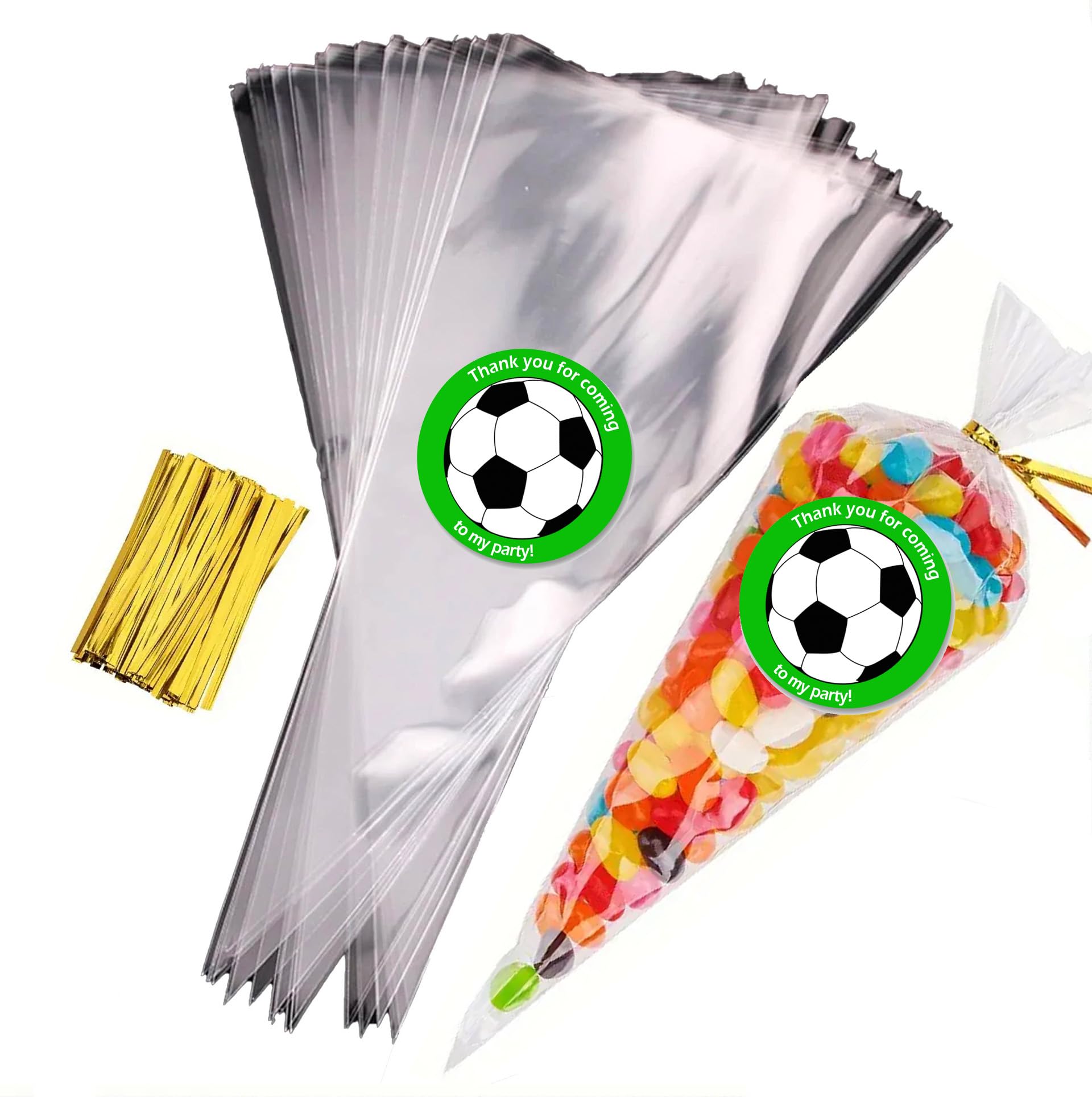 Treasured Forever Limited Football Green Sweet Cone Bags With Coloured Ties | Triangle Clear Cellophane Bags | Food Sweet Candy Popcorn Snacks | Brithday Baby Shower Fayres Events Festivals